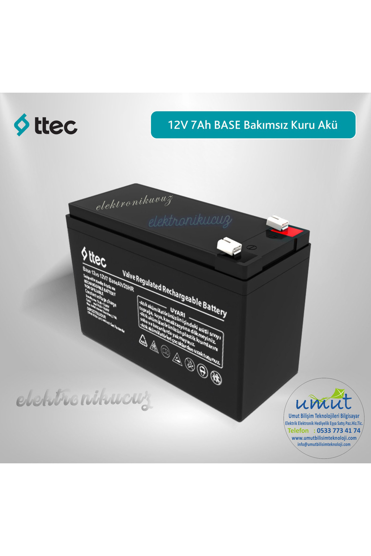 Ttec 12V 7 Ah Base Bakımsız Kuru Akü - BASE12V7 Ah Akü 12 Volt 7 Amper Akü 12V 7Ah Bakımsız Kuru Akü