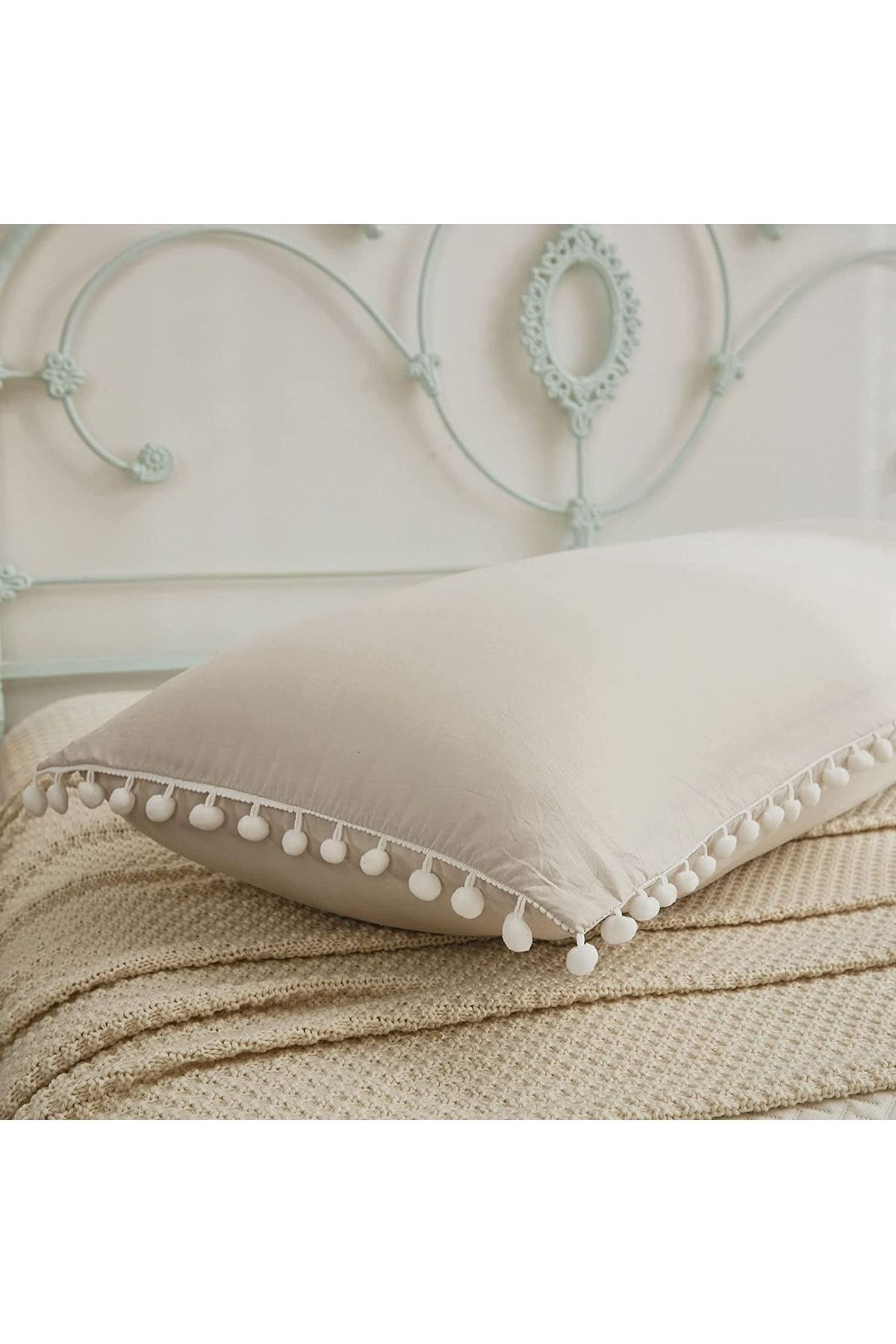 EVYA %100 Pamuklu Ponpon Detaylı Uzun Yastık Kılıfı 50x135 Cm Bej Renk Hamile Yastığı Kılıfı Ergonomik fotoğrafı 3 (önizleme)