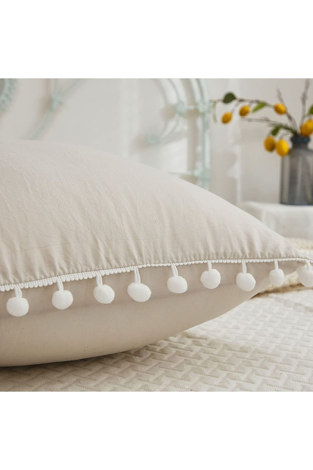 EVYA %100 Pamuklu Ponpon Detaylı Uzun Yastık Kılıfı 50x135 Cm Bej Renk Hamile Yastığı Kılıfı Ergonomik fotoğrafı 6 (önizleme)