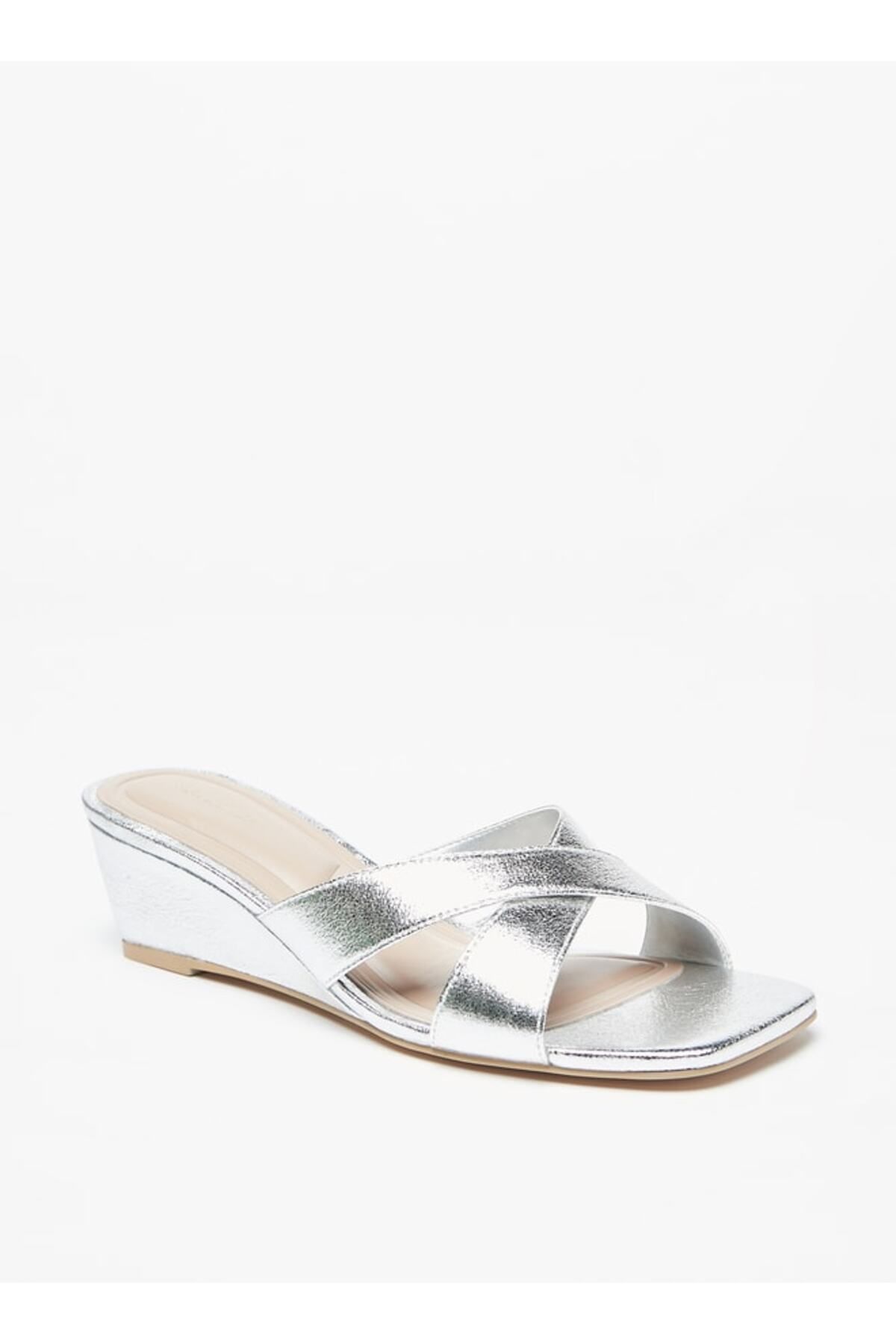 Flora Bella by Shoexpress-Metallic Slip-On Cross Slide Sandals with Wedge Heels 1