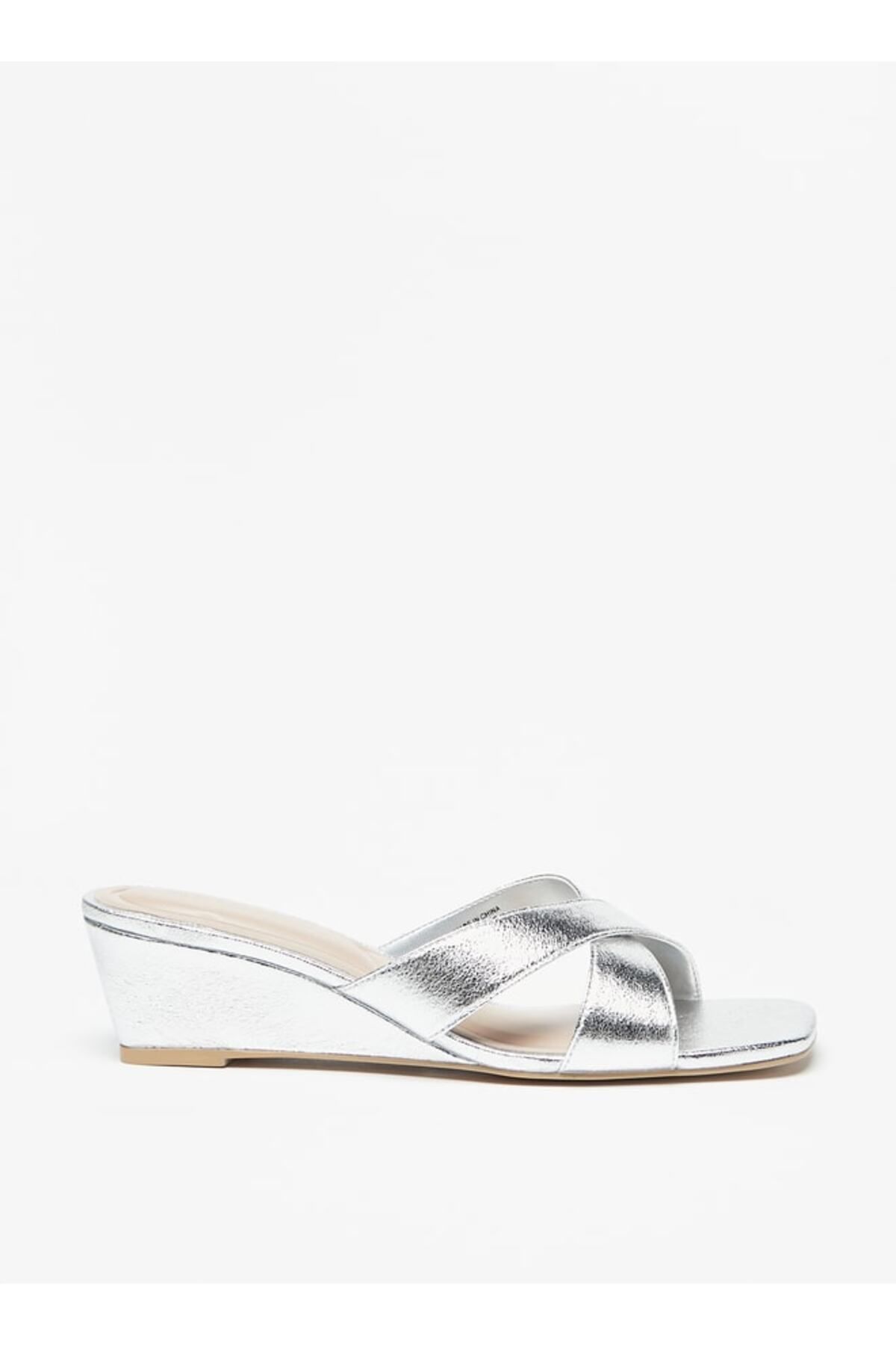Flora Bella by Shoexpress-Metallic Slip-On Cross Slide Sandals with Wedge Heels 3