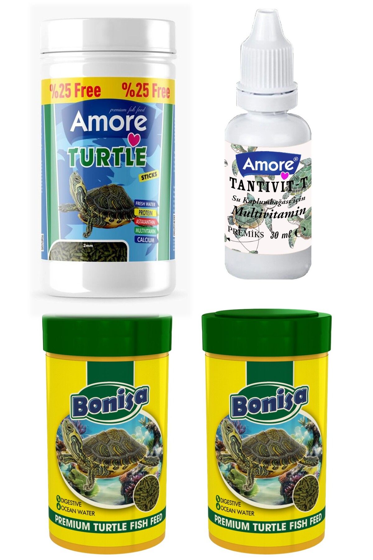 AMORE Turtle Food Sticks 125ml, Bonisa 2x100ml Su Kaplumbağası Yüzen Yemi, Multivitamin