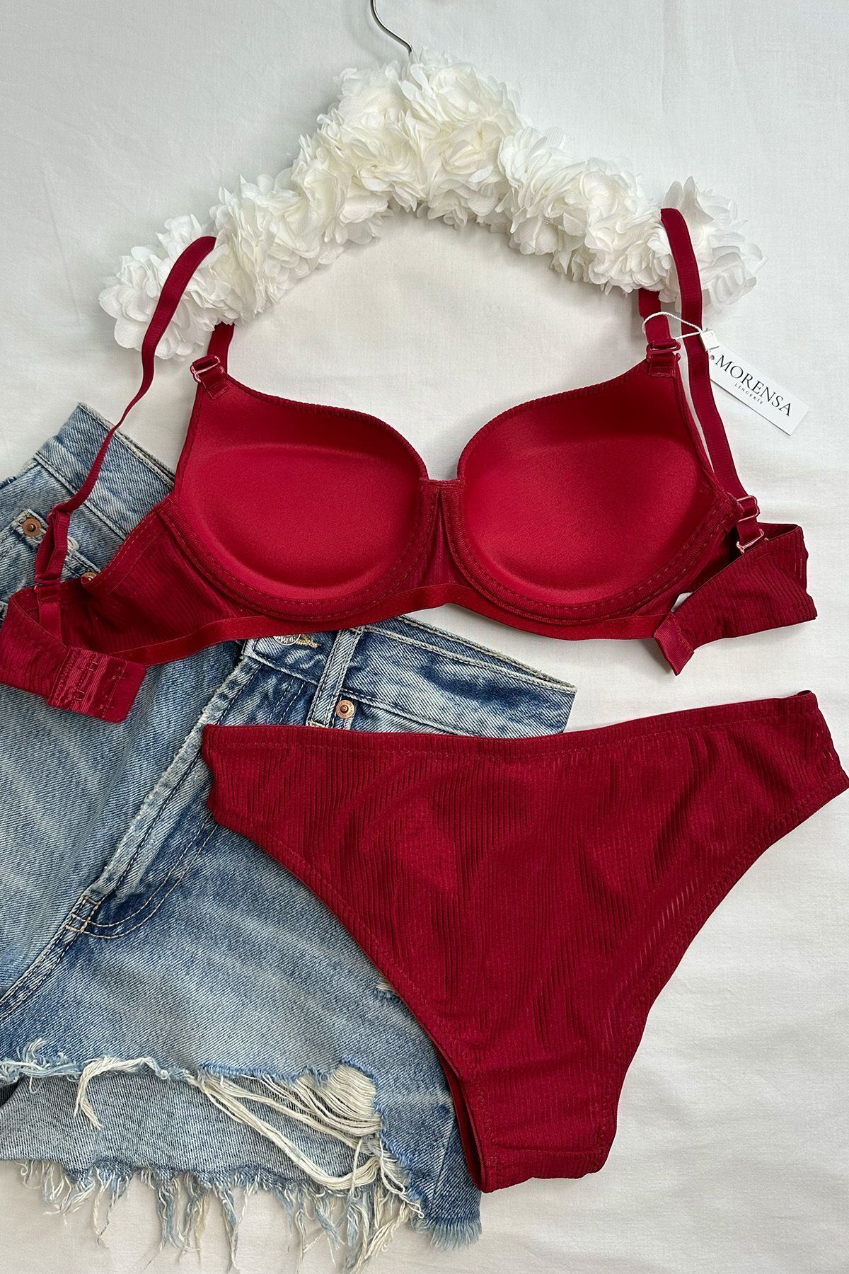 Morensa  Yılbaşı Özel Basic Desenli Balenli Destekli Sütyen Takımı Kırmızı - Görsel 3
