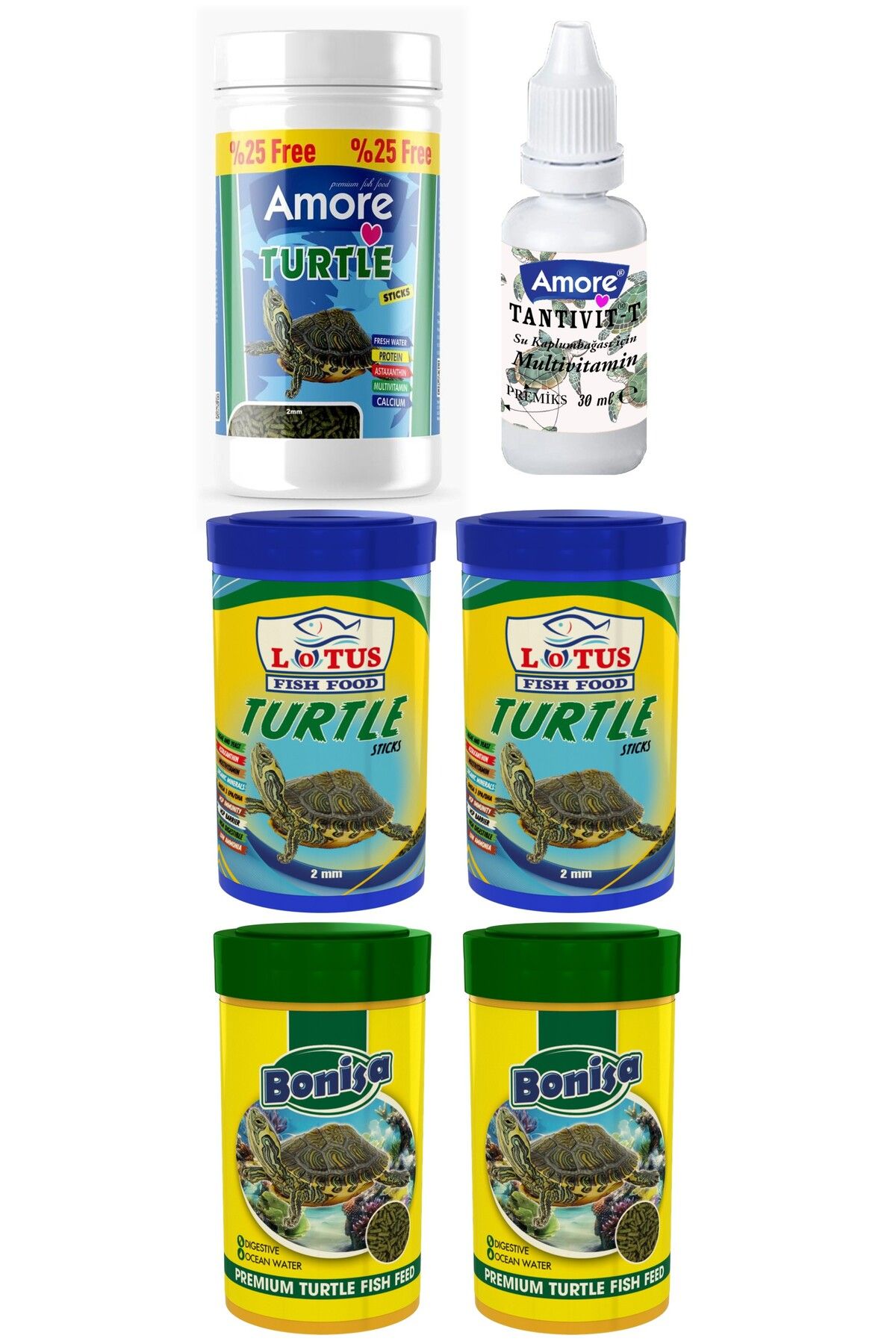 AMORE Turtle Food Sticks 125ml, Bonisa 2x100ml, Lotus 2x100ml Su Kaplumbağası Yüzen Yemi, Multivitamin