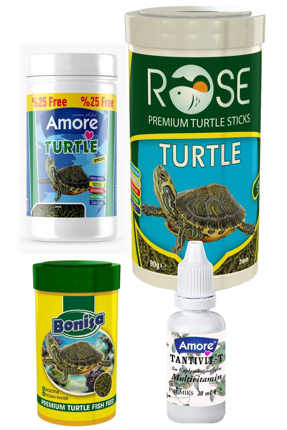 AMORE Turtle Food Sticks 125ml, Bonisa 100ml, Rose 250ml Su Kaplumbağası Yüzen Yemi, Multivitamin