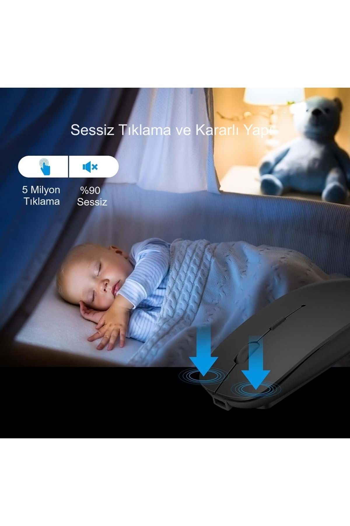 Sessiz Tıklama Şarjlı Çift Modlu Bluetooth Kablosuz 2.4Ghz Siyah Mouse 4