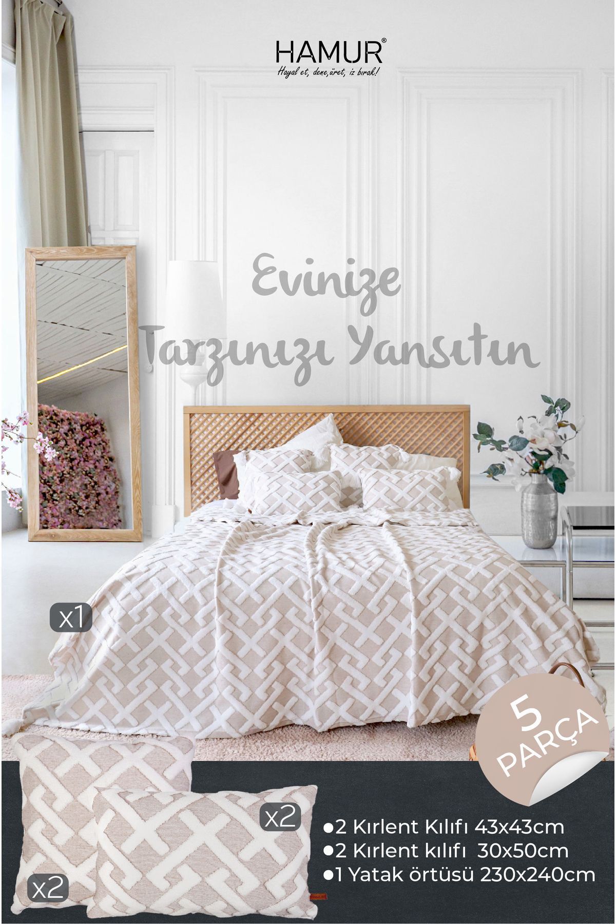 HAMUR-Scandinavian Bedspread Set Double Set Bohemian Punch Ponch Pattern Elda Beige 2