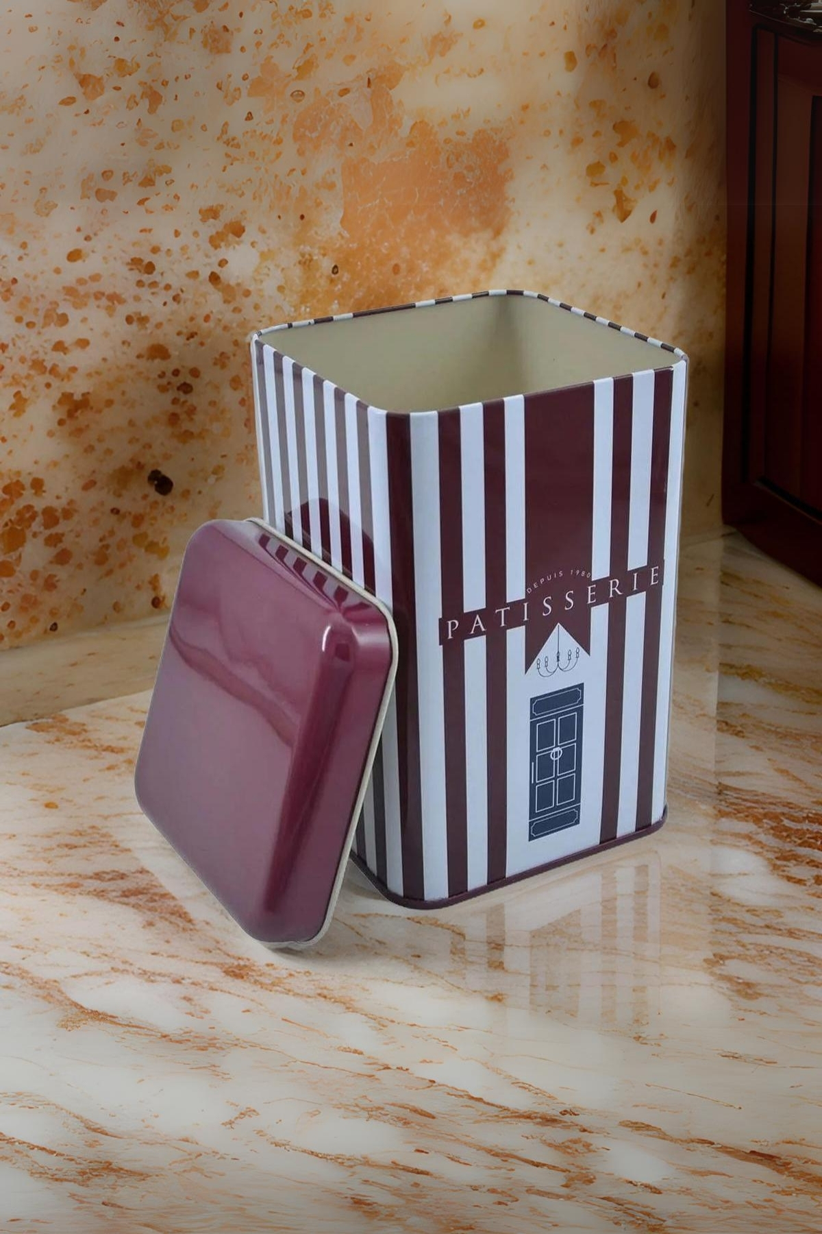 Ef022-f6 Patisserie Line Patterned Square Metal Storage Box 11x11 Cm