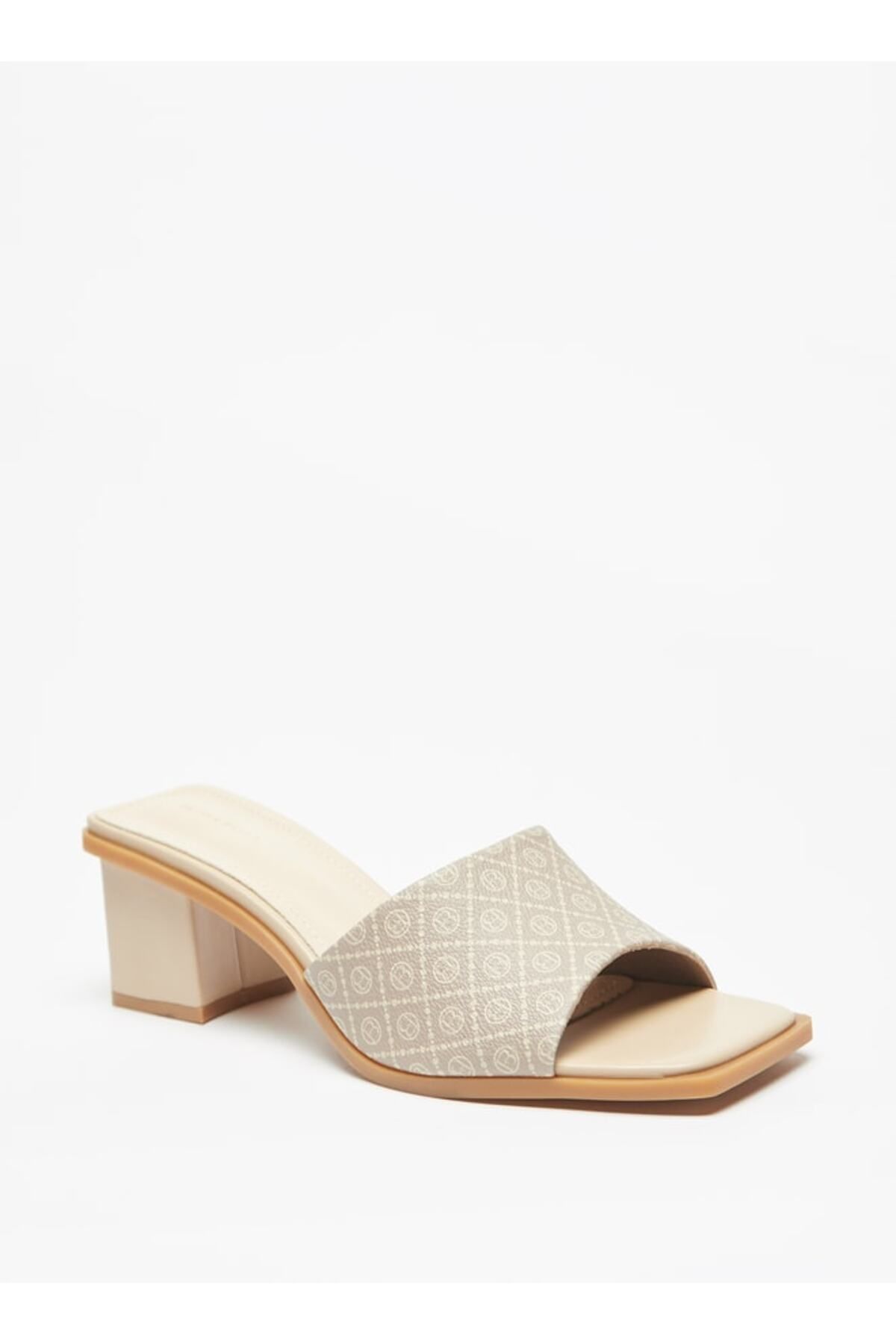 Flora Bella by Shoexpress-All-Over Logo Print Slip-On Sandals with Block Heels 1