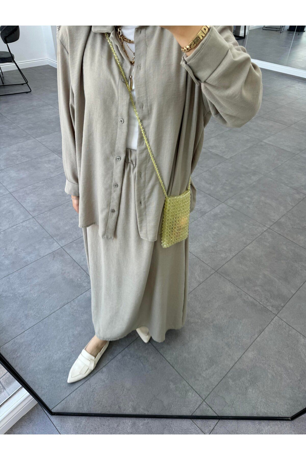 ست بالاپایین پوشیده خاکستری زنانه کتانی اورجینال Rimel Moda