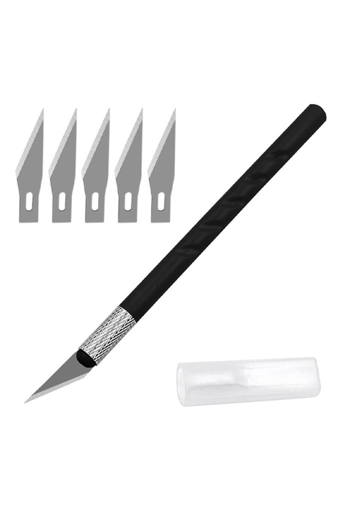 ACUTO Siyah Kretuar Bıçağı Seti 5 Uç Yedekli Hobi Tasarım Neşter Set Hassas Kesim Bıçağı