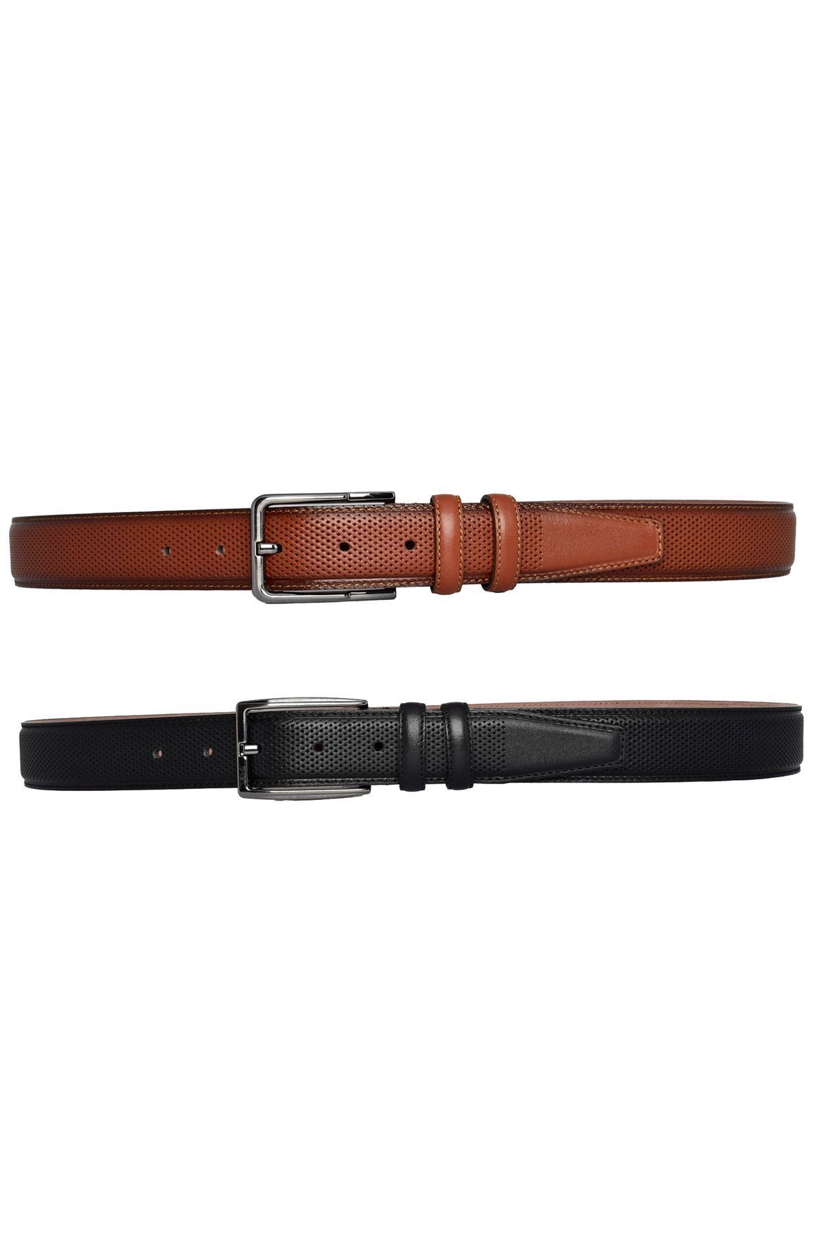 GoDeri-100% Genuine Leather, Set of 2 Black, Red Tan Stitched Dot Printed Fabric PantsBelt 3.5 cm with dots 4