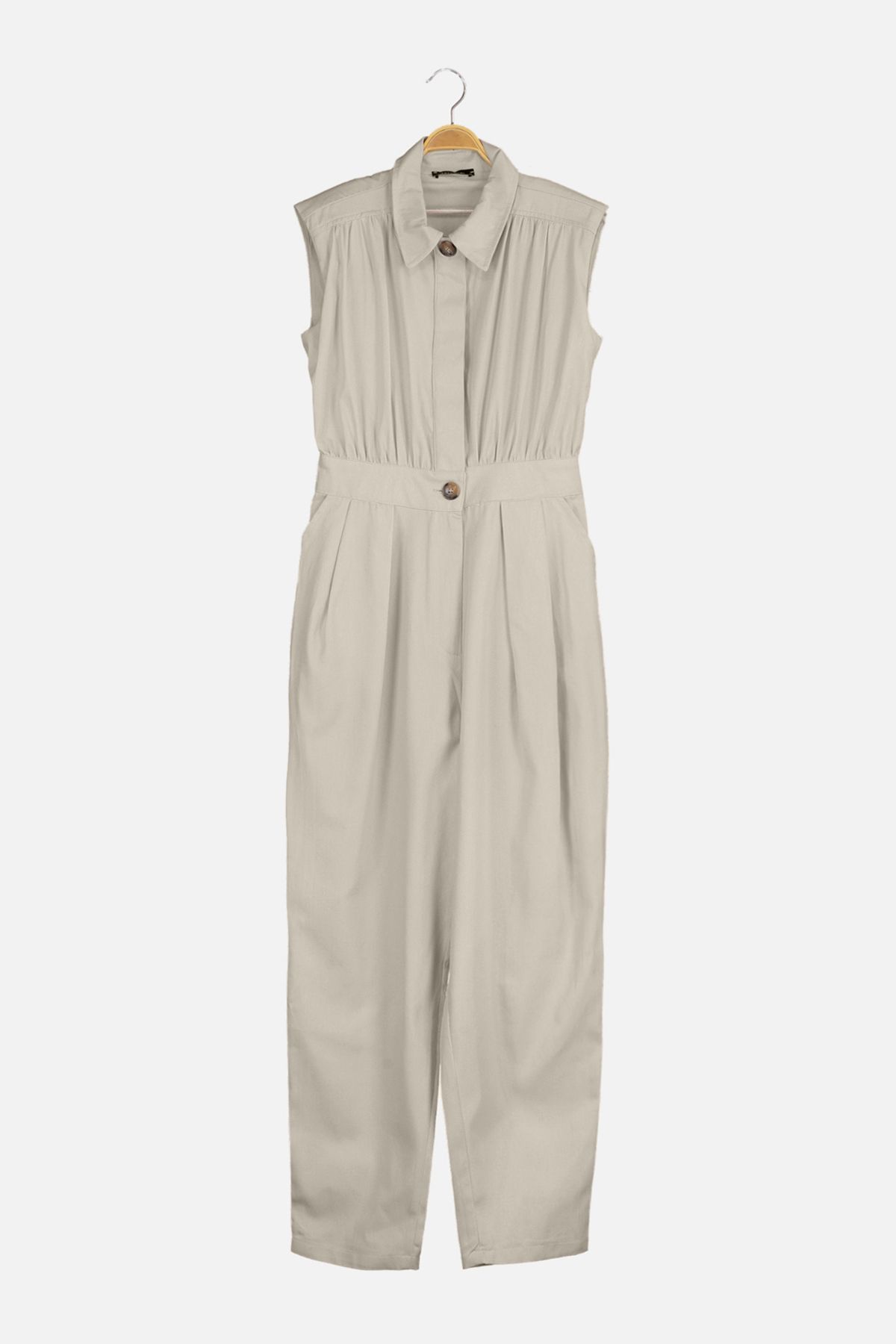 Trendyol Collection-Ärmelloser Jumpsuit aus Gabardinegewebe mit Hemdkragen in Stein TWOSS21TU0233 10