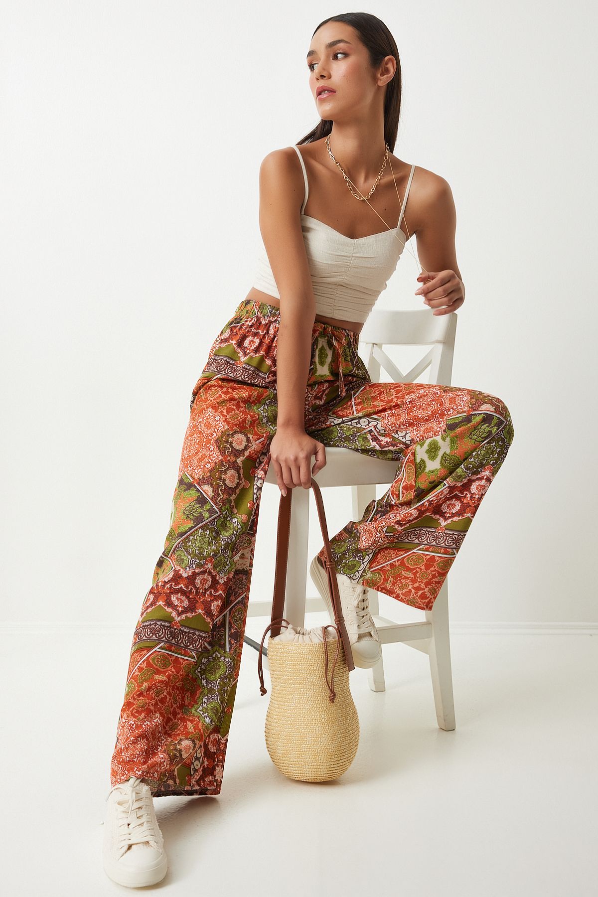 pantalon de palazzo drapé en viscose à motifs de carreaux verts pour femmes en00606