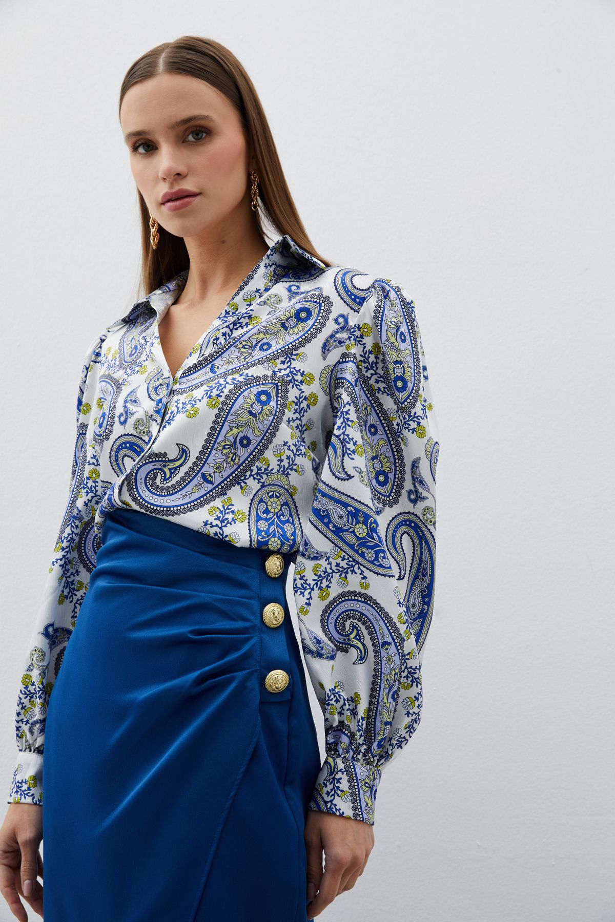 Sateen-SAX BLUE Fluffy Sleeve Patterned Shirt 3