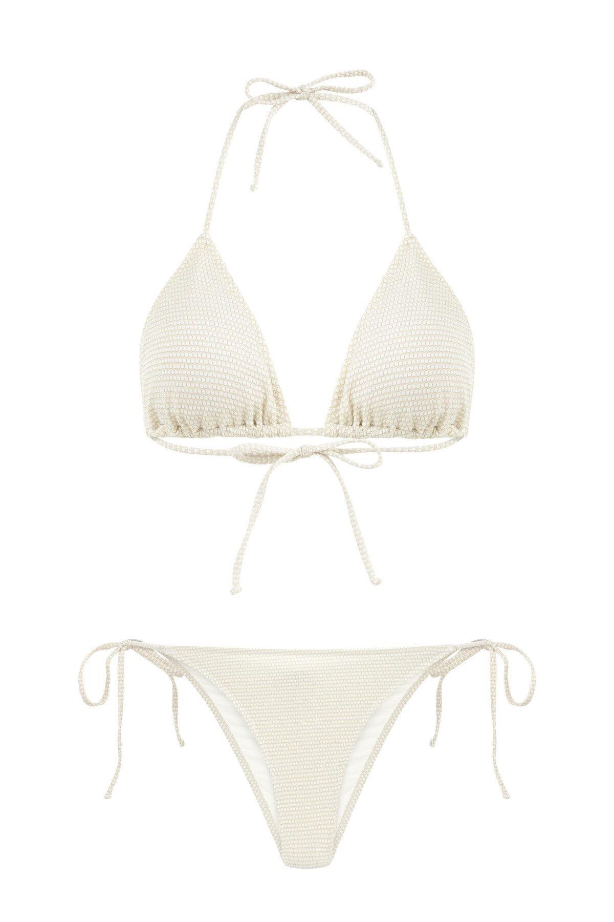AQUELLA-Ecru Triangle Bikini Set - Textured and Glittery Drawstring 1