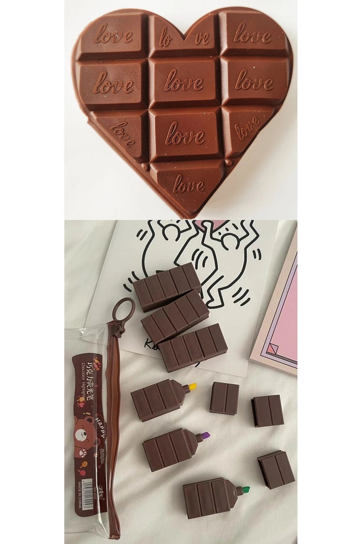 Modellino 6'lı Çikolata Şekilli Fosforlu Kalem Fermuarlı Çantalı & Kalpli Çikolata Kokulu Not Defteri