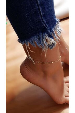 Stone Design Bracelet Altın Kaplama Minik Toplu Zincir Halhal