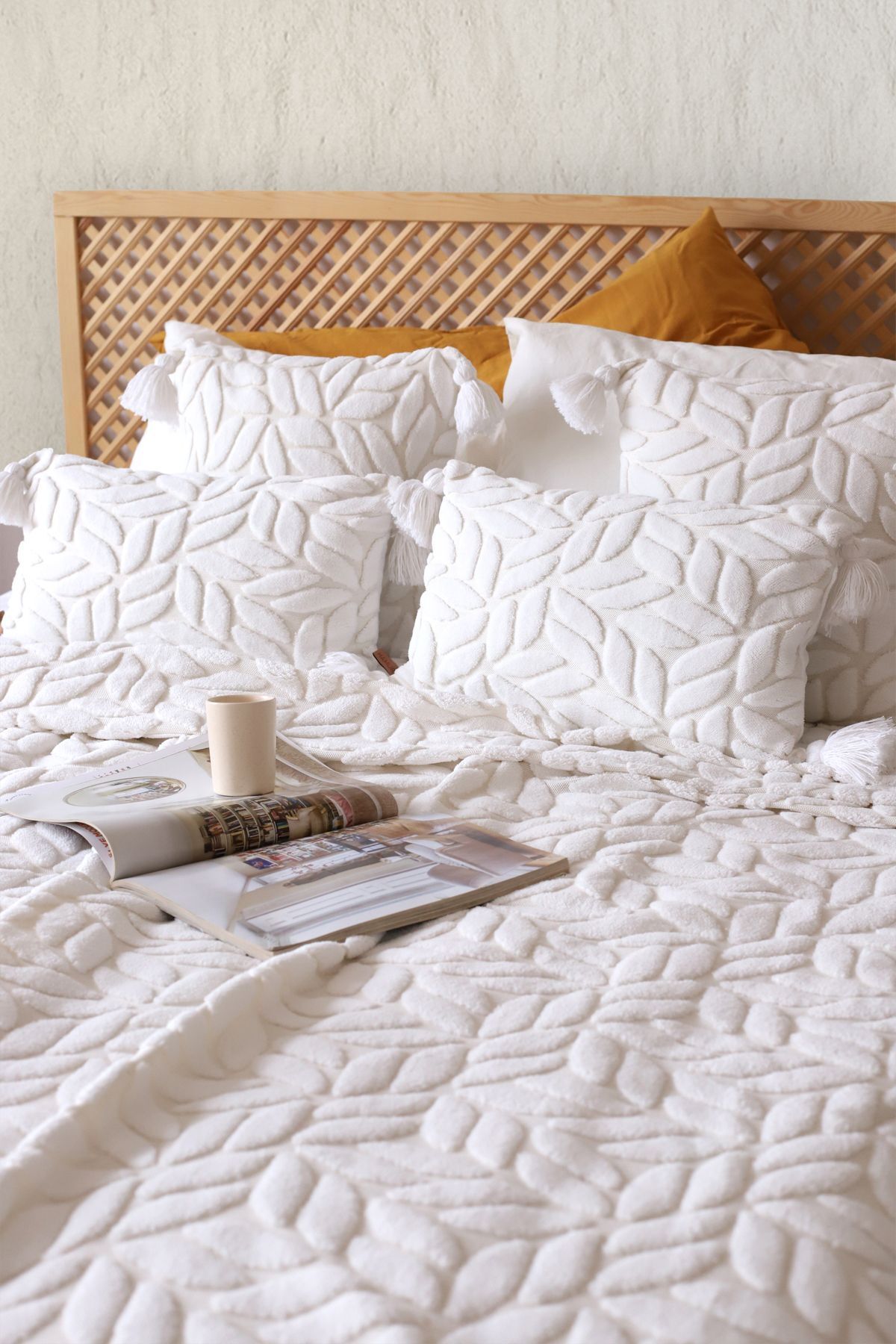 HAMUR-Scandinavian Bedspread Set Double Set Bohemian Punch Ponch Pattern Lotus Ecru 3