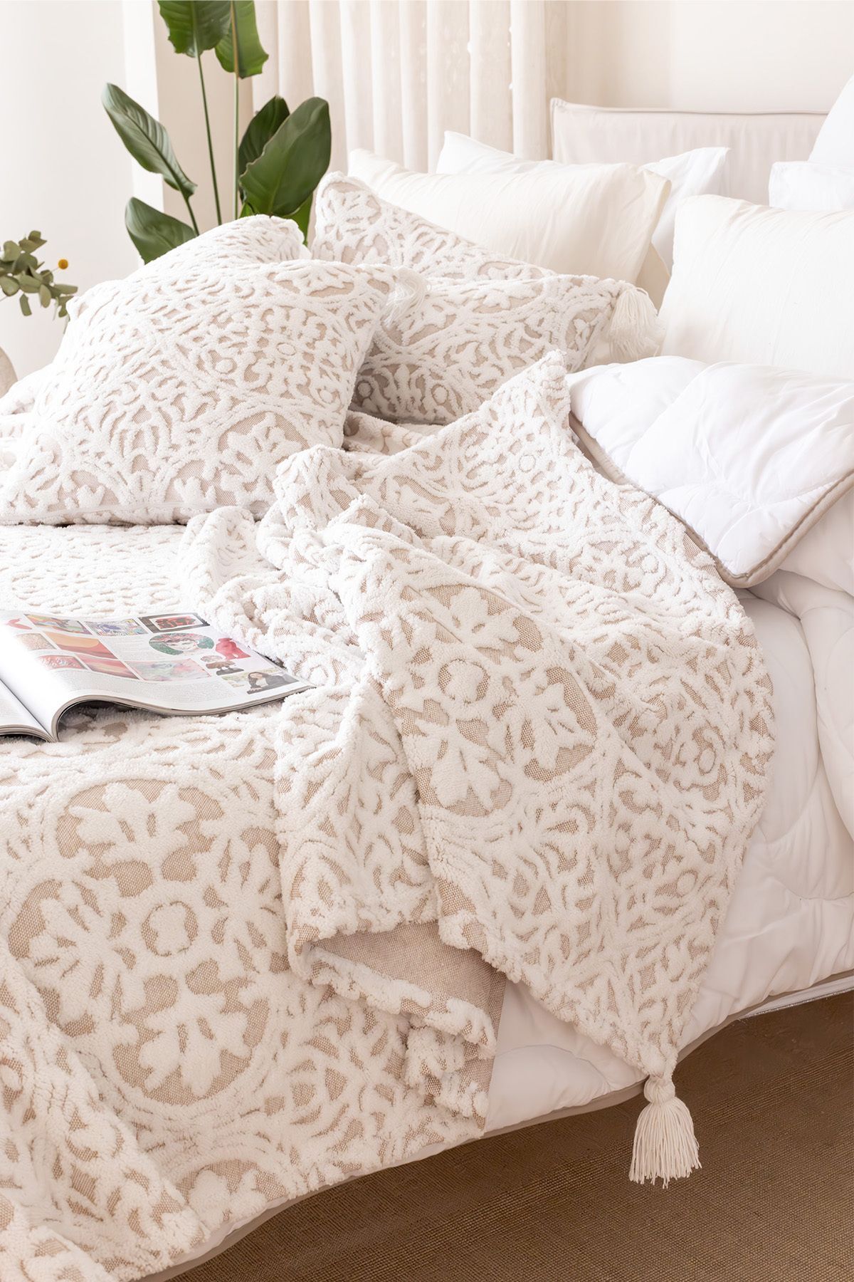 HAMUR-Beige Bohemian Punch Ponch Patterned Double Bedspread Set 6