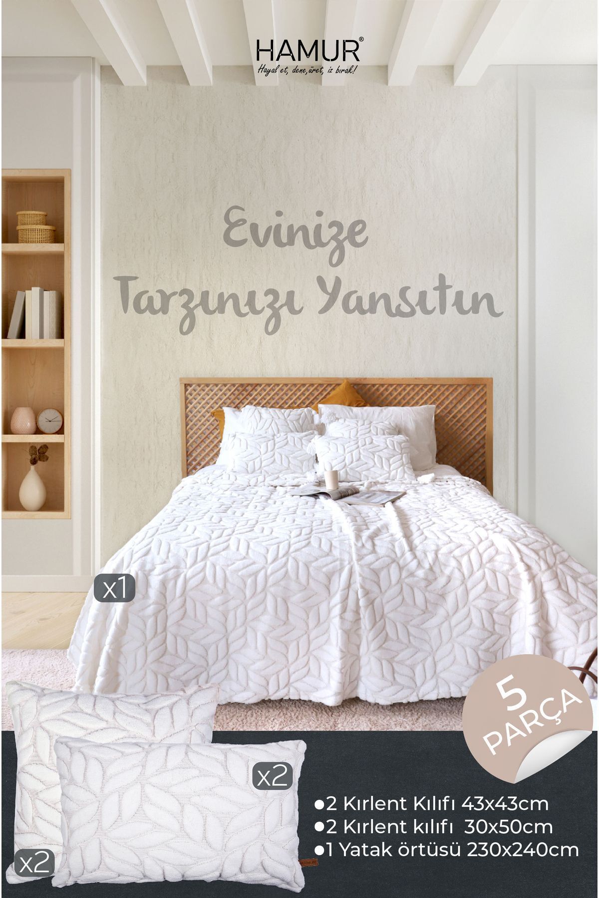 HAMUR-Scandinavian Bedspread Set Double Set Bohemian Punch Ponch Pattern Lotus Ecru 2