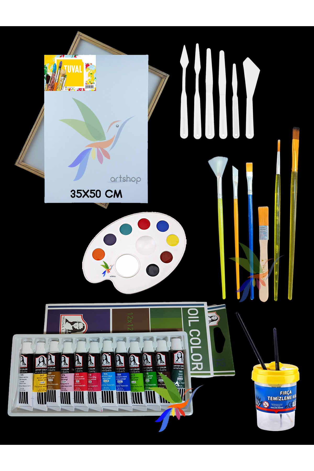 Artshop Yağlı Boya 12x12 ml, 35X50 cm Tuval, Palet, Spatula, Fırçalar Zemin Fırçalı, Su Kabı Profosyonel Set