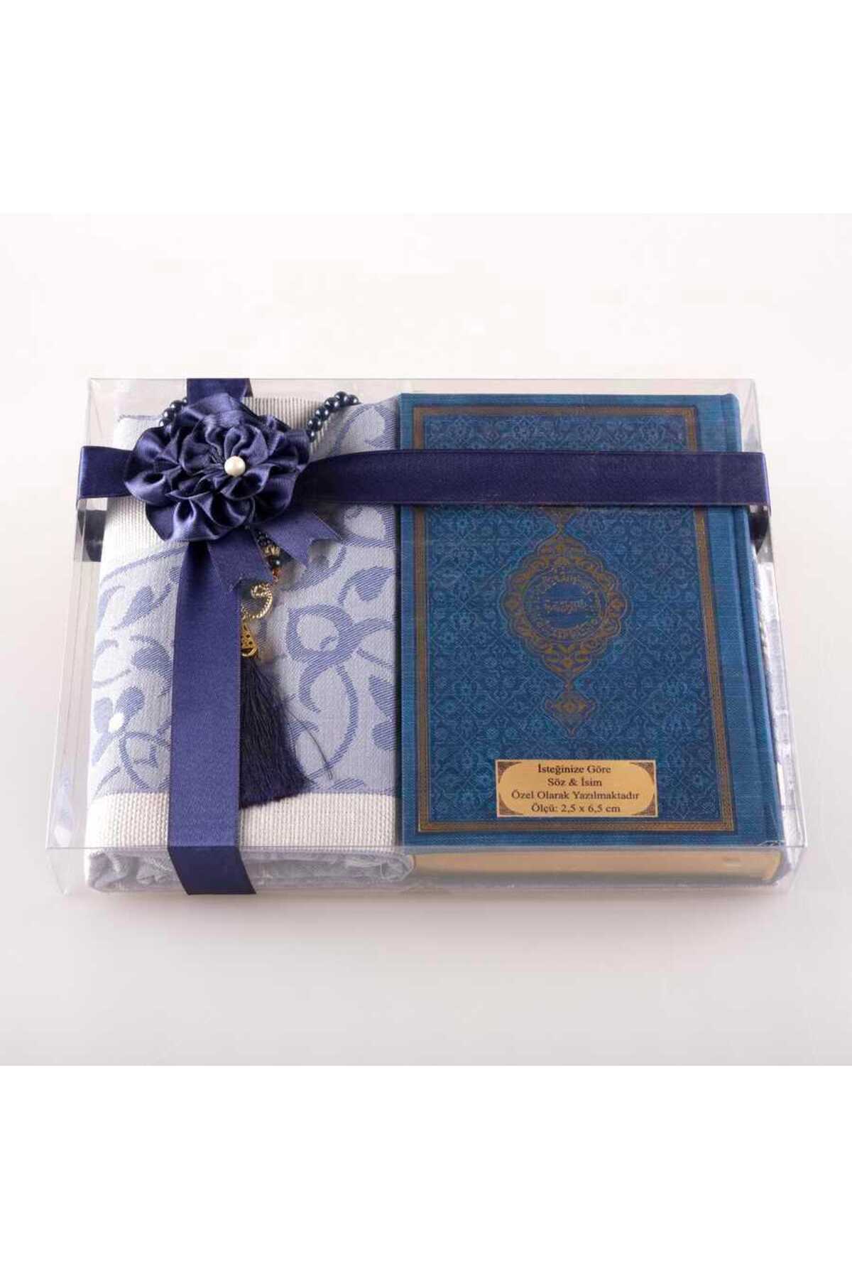 Prayer rug + Rosary + Quran Gift Set (hafiz Size, Navy Blue)