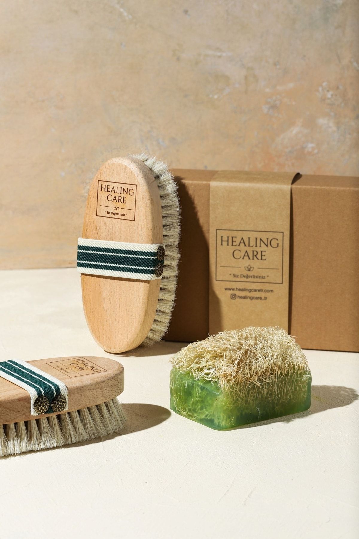 Healing Care Doğal At Kılı Selülit Fırçası + Kabak Lifli Aloe Vera Sabun Bakım Seti — Healingcare32