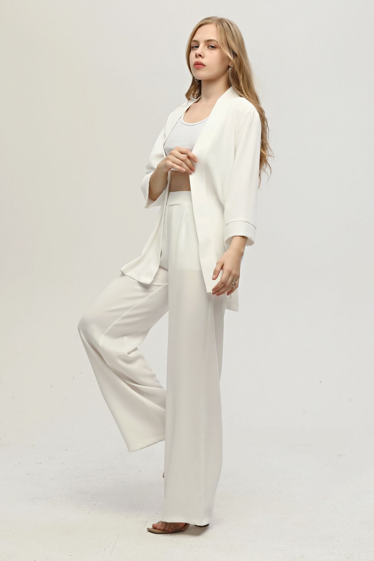 Feminist-Kimono Trousers Double Crepe Set Ecru0106314 5
