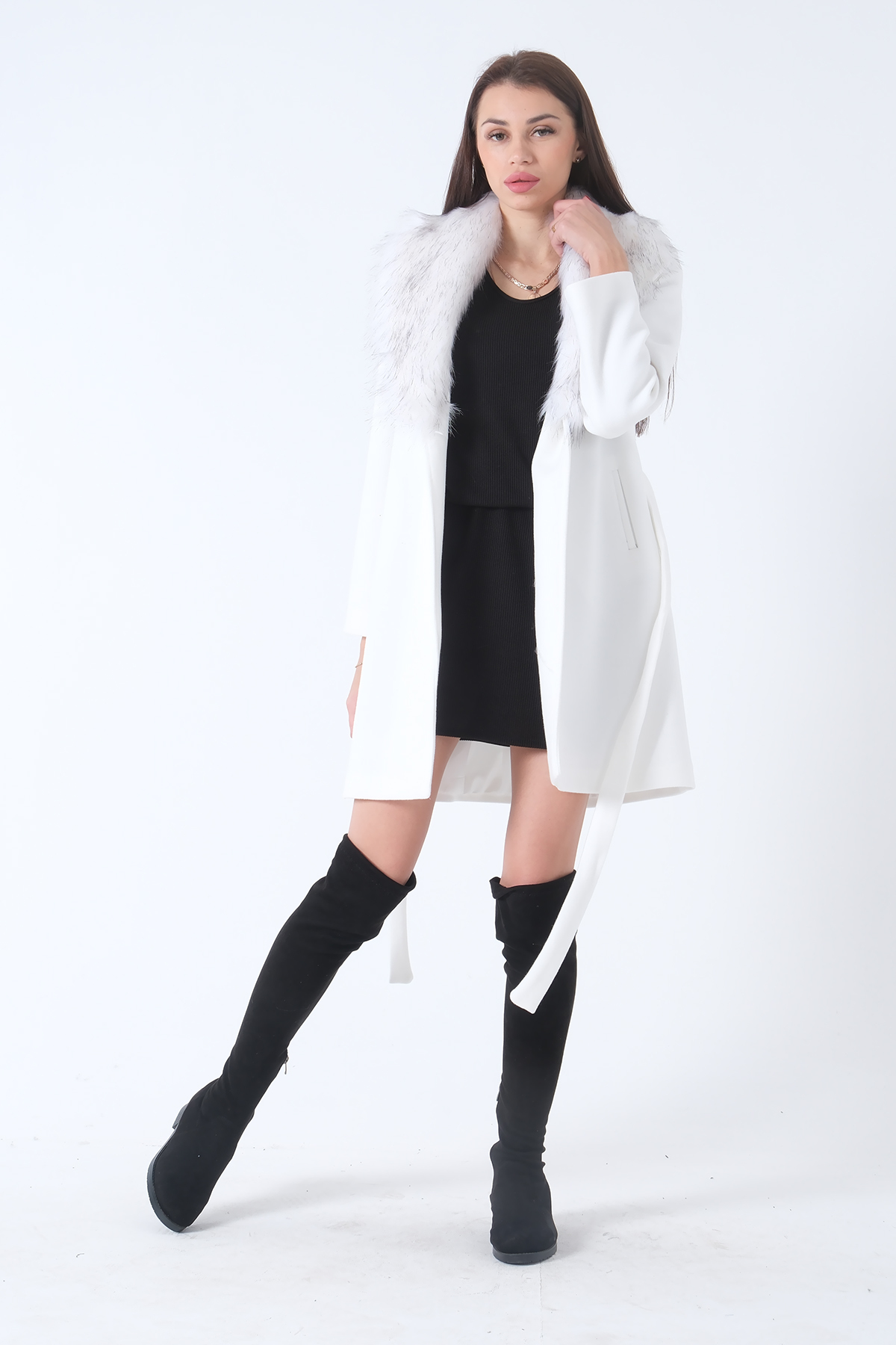 Feminist  Seyyar Kürklü Çift Cepli Kaşe Kaban Beyaz 0108080 - Görsel 2