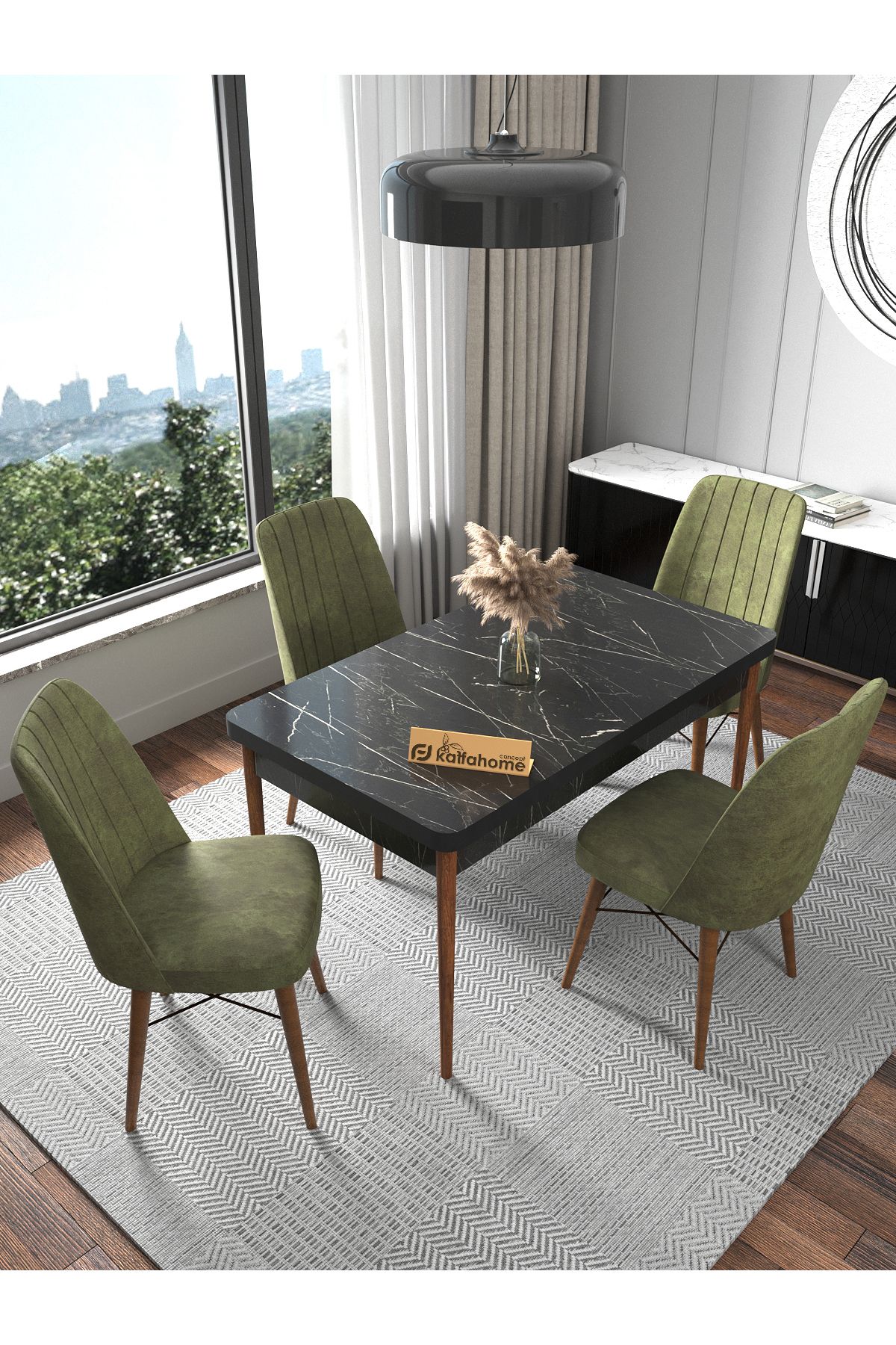 Kaffahome Fixed Siyah 70x110 cm , 4 Kişilik Sabit Masa Sandalye Takımı , Mutfak Masa Takımı - Haki