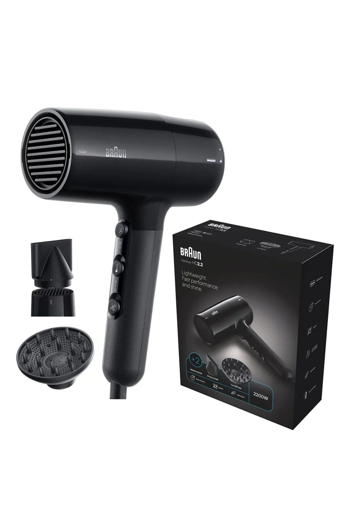 Braun-Hair Dryer 2200 W, 2 Tools, Large Diffuser & Nozzle, Pivot Cord Guard, Ionic function HD225SDE 1