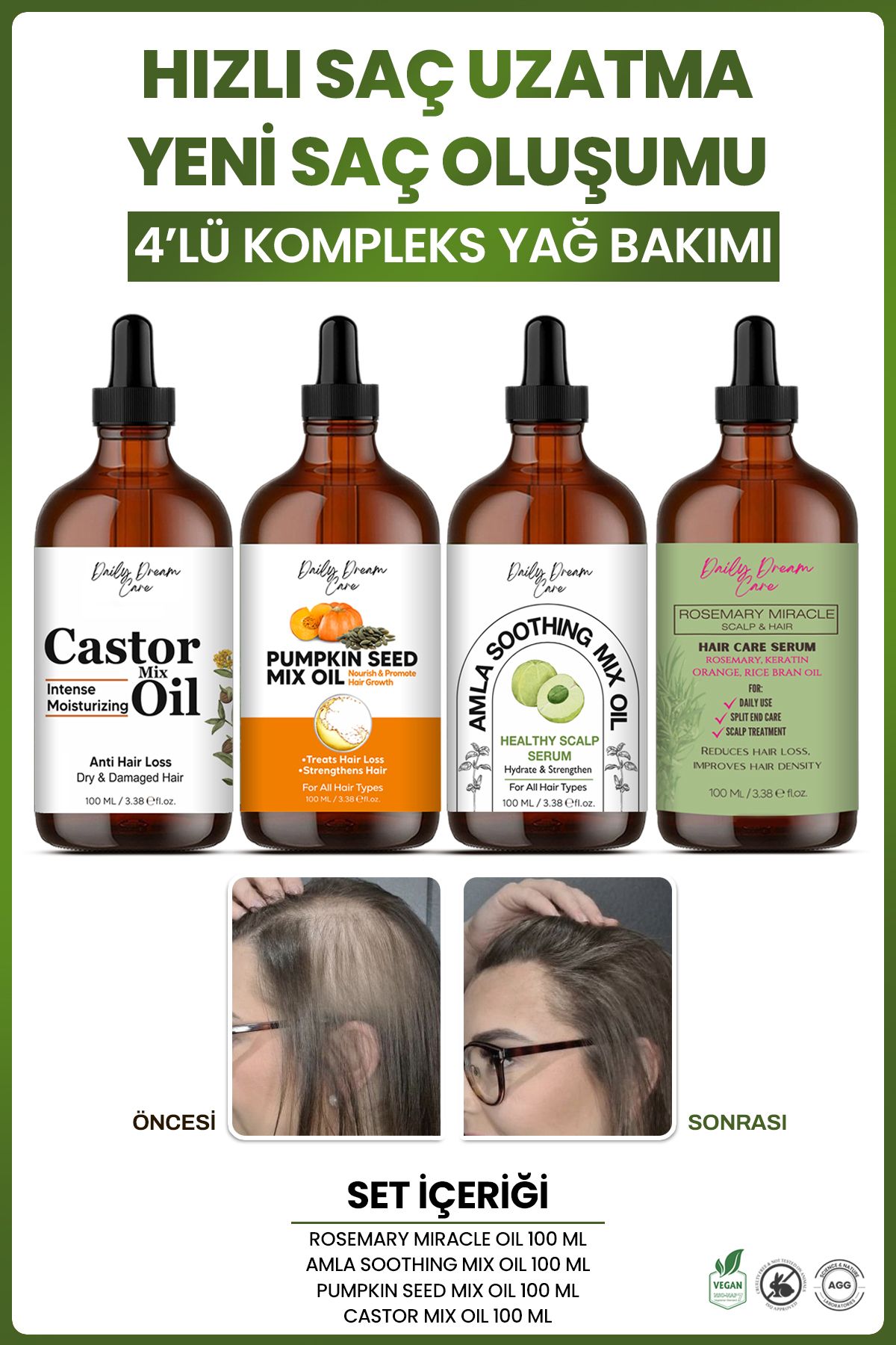 Daily Dream Series | Süper 4lü Kompleks Yağ Seti | Hızlı Uzatma,saç Oluşumu,onarım (100 ml X 4 )