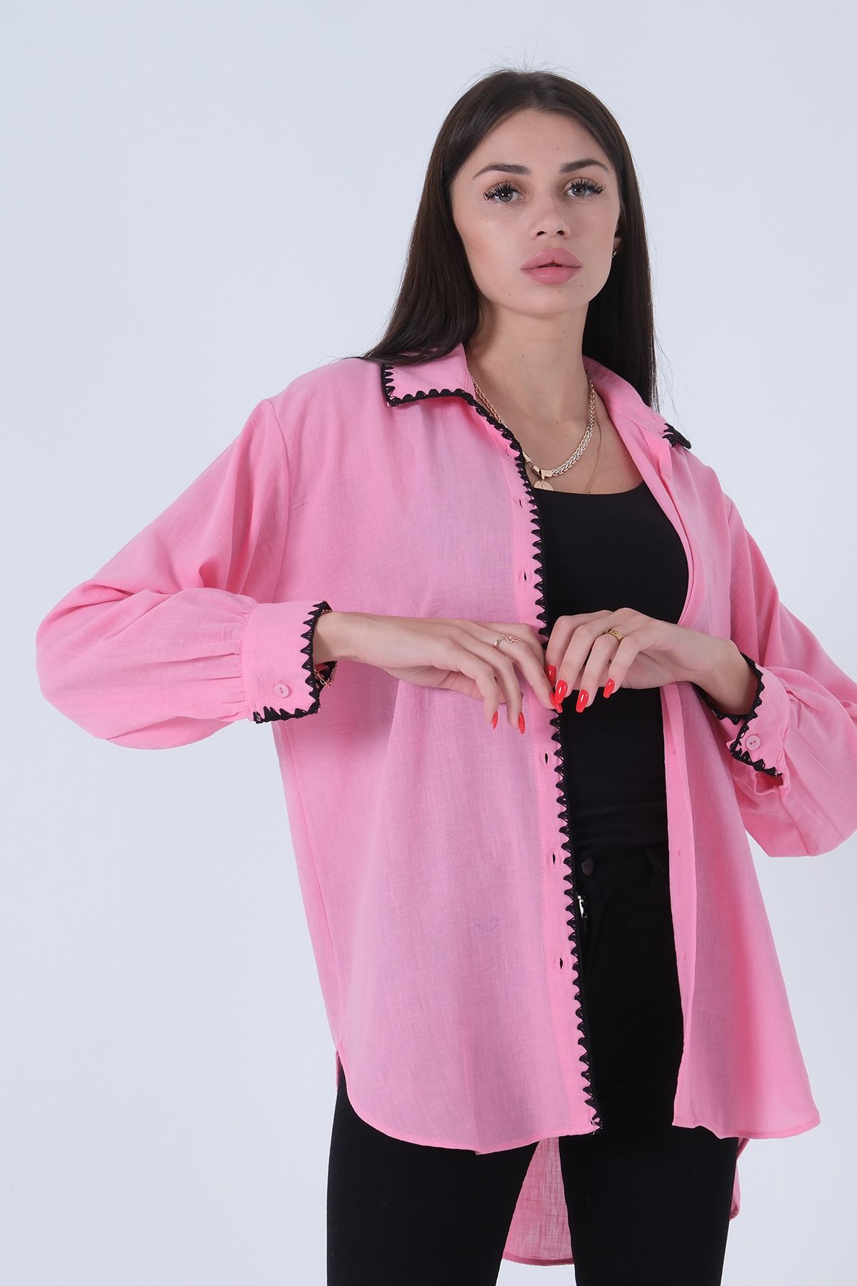 Feminist-Guler Manșetă Plachetă față Broderie Detaliată Tunica Roz3972952 4