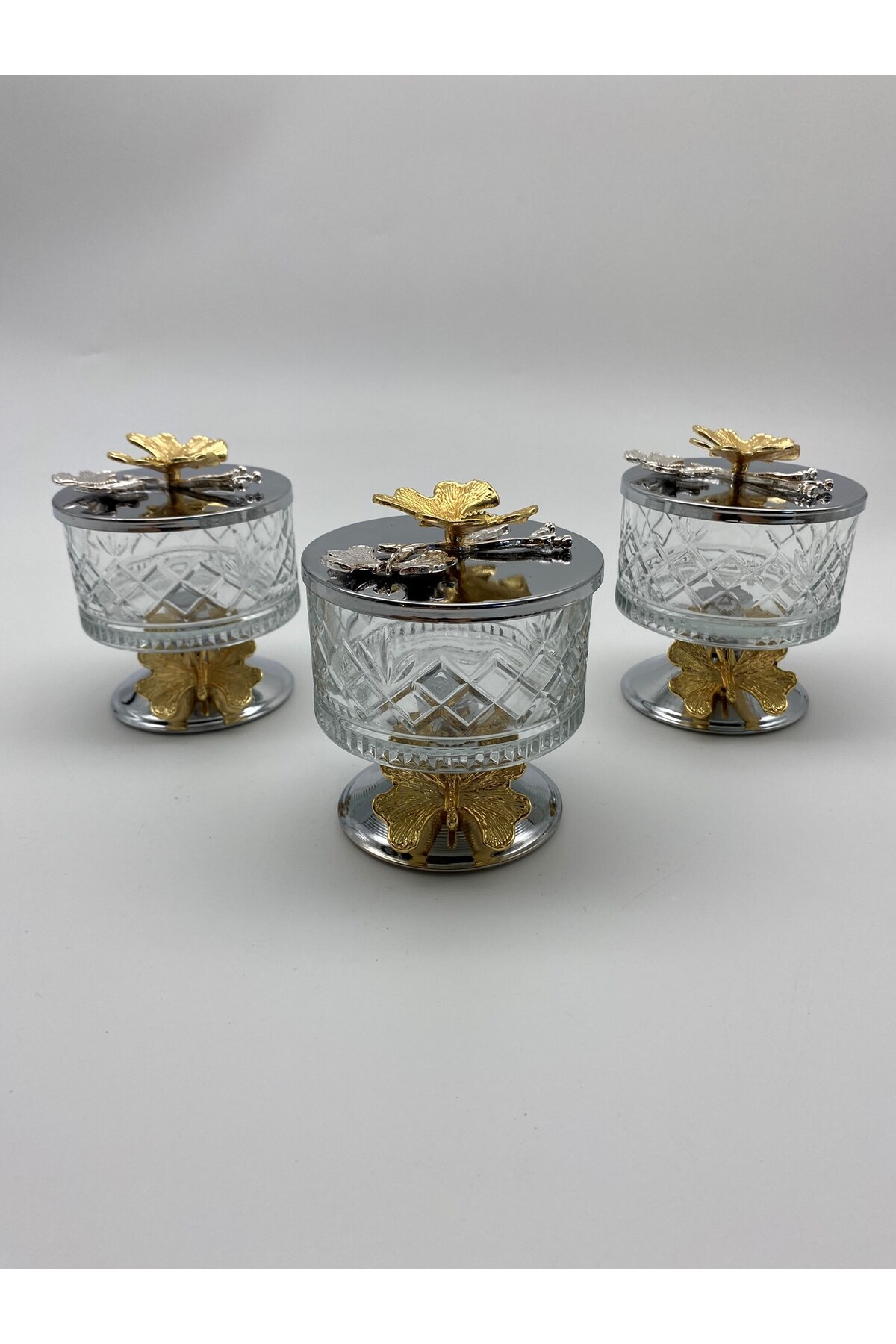3-Piece Silver Timeless Glass Magnolia Bowl with Legs, Butterfly Lid Ice Cream Dish, Sugar Bowl, Snack Bowl