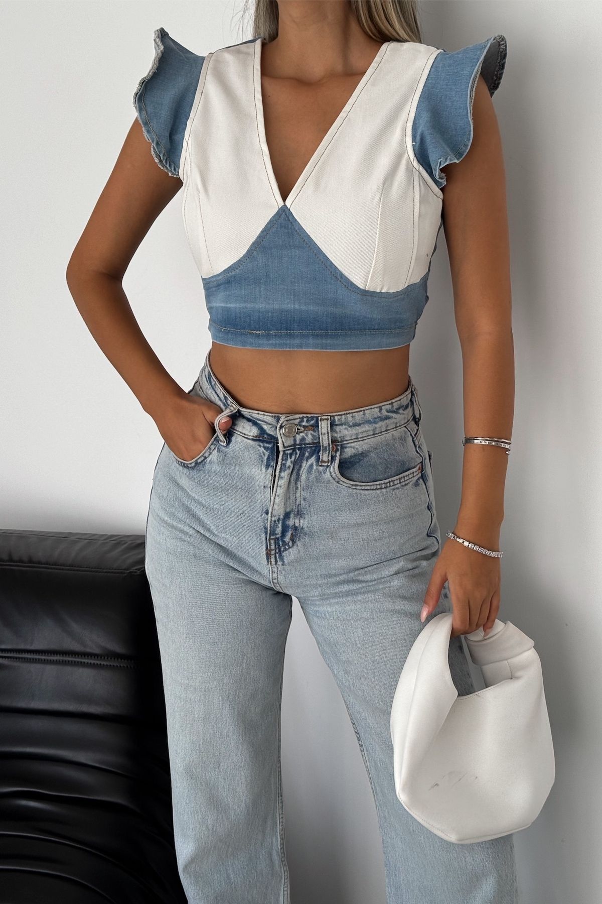 FEMELLE-Blue Zippered Women's Crop Jeans Blouse 5