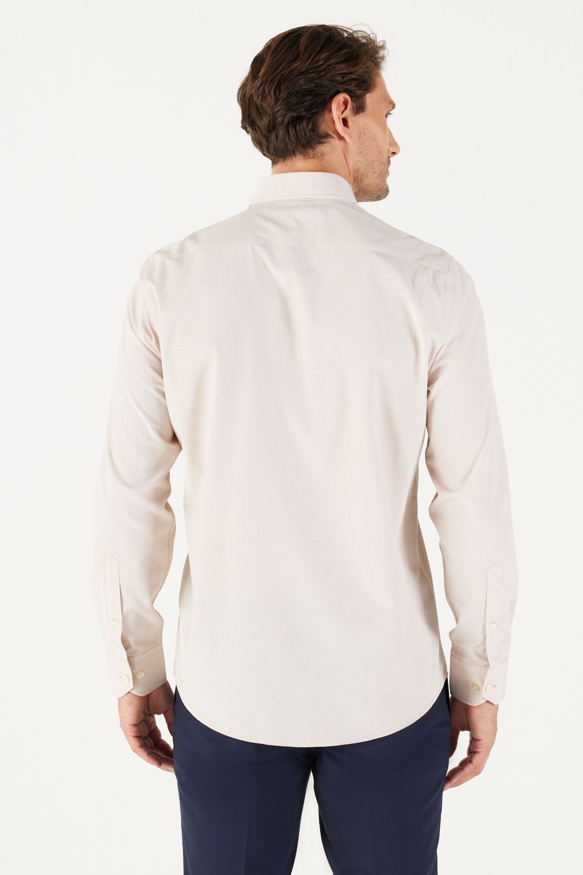 AC&Co / Altınyıldız Classics-Pánská béžová Slim Fit úzký střih Oxford Button Collar Gingham Cotton Shirt 6