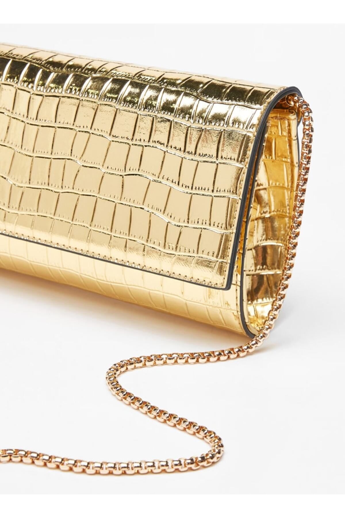 Celeste-Textured Clutch with Metallic Chain Strap and Snap Button Closure 3