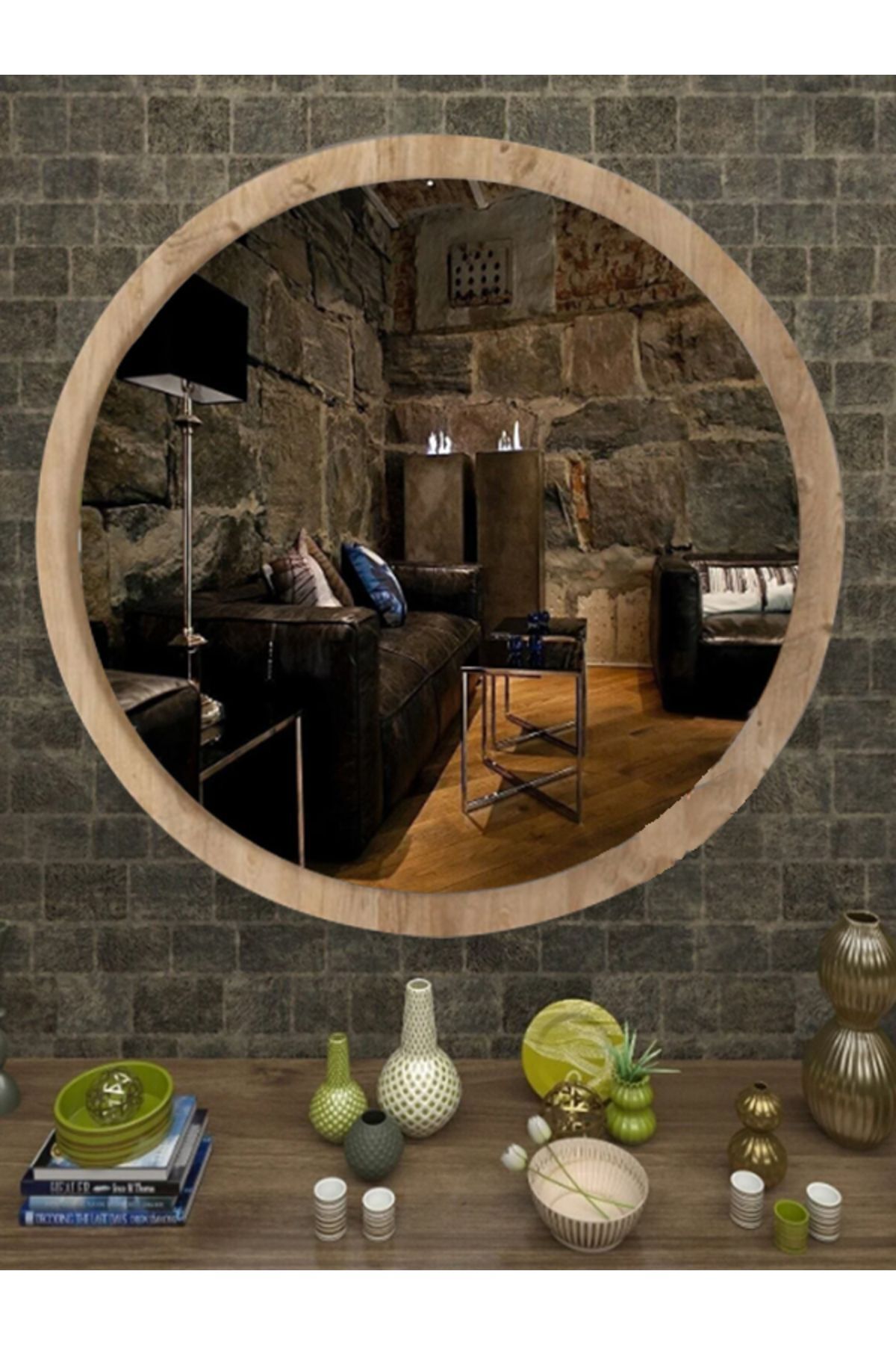 ANTİK ÇAM Dekoratif Yuvarlak Antre Hol Koridor Duvar Salon Mutfak Banyo Wc Ofis Aynası 60 cm