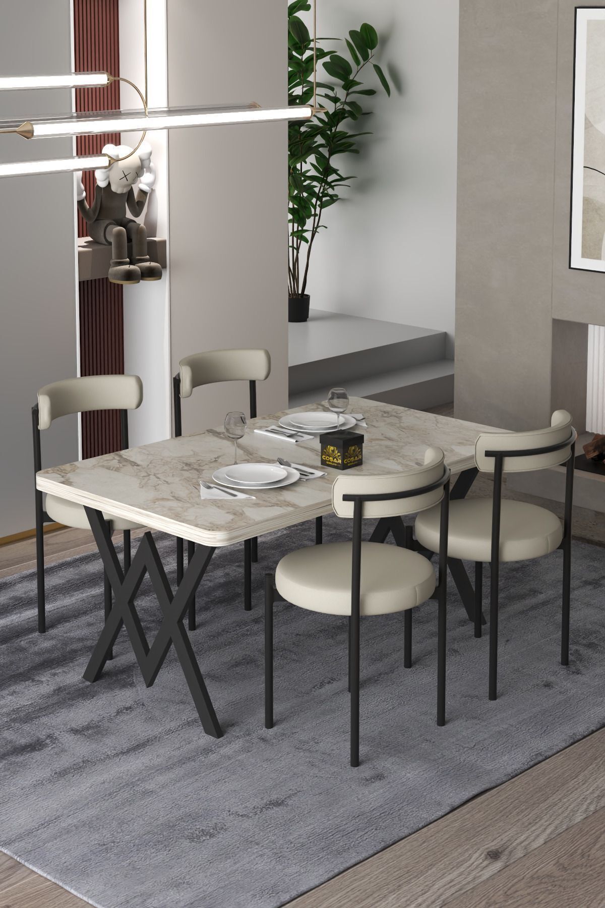 Cosargroup Ege 4 Kişilik Mutfak Masa Takımı -Krem Kumaş 70x110