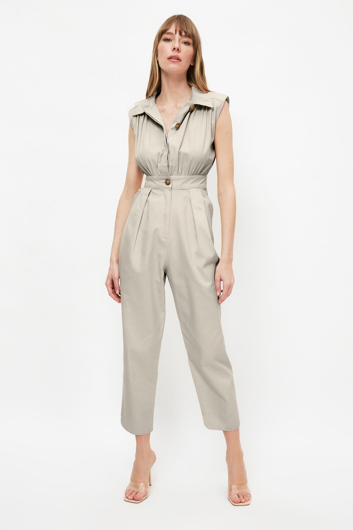 Trendyol Collection-Ärmelloser Jumpsuit aus Gabardinegewebe mit Hemdkragen in Stein TWOSS21TU0233 7