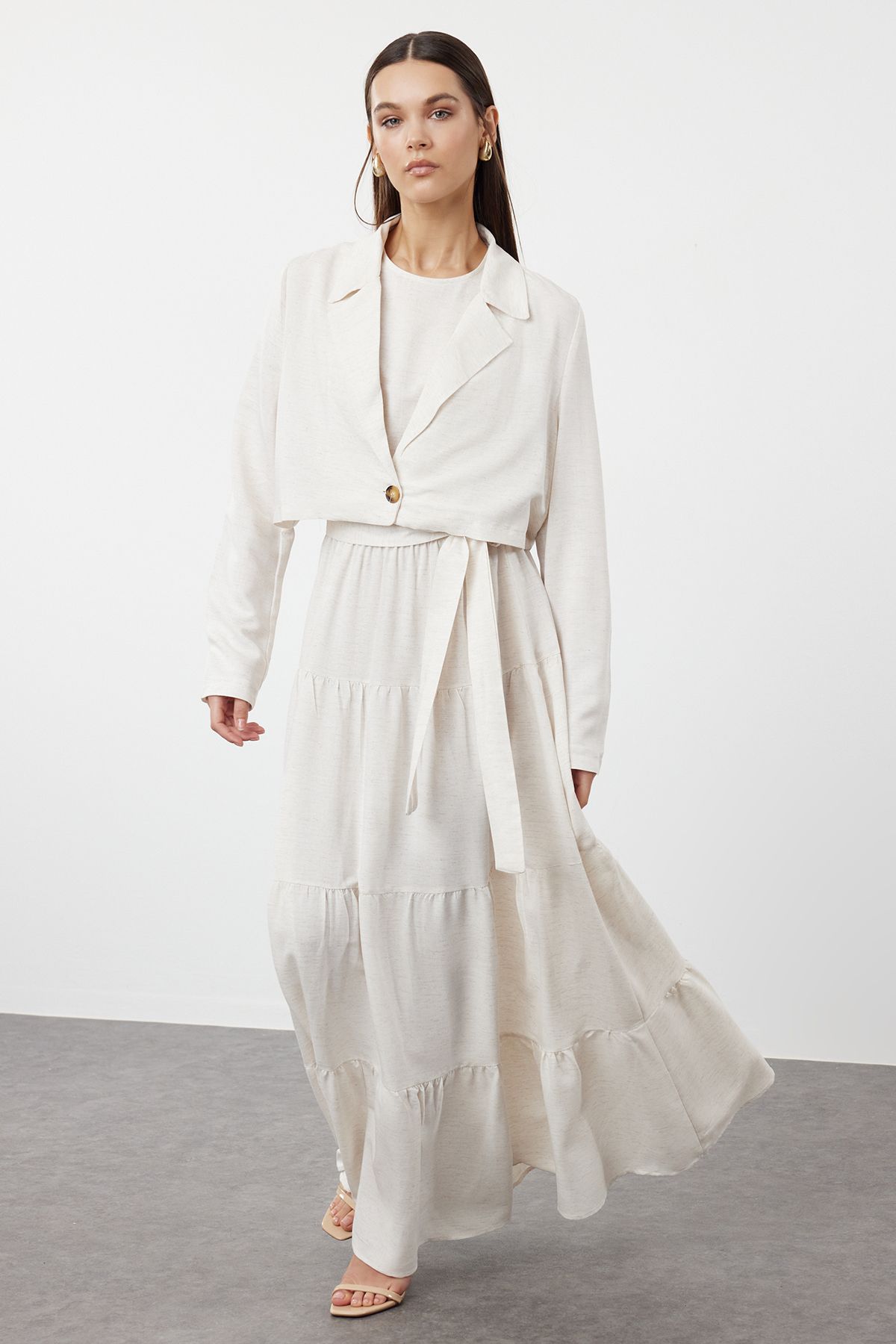 Trendyol Modest Beżowy Zestaw Z Krótką Sukienką I Marynarką – Z Paskiem, Tkany Kobieta - 36