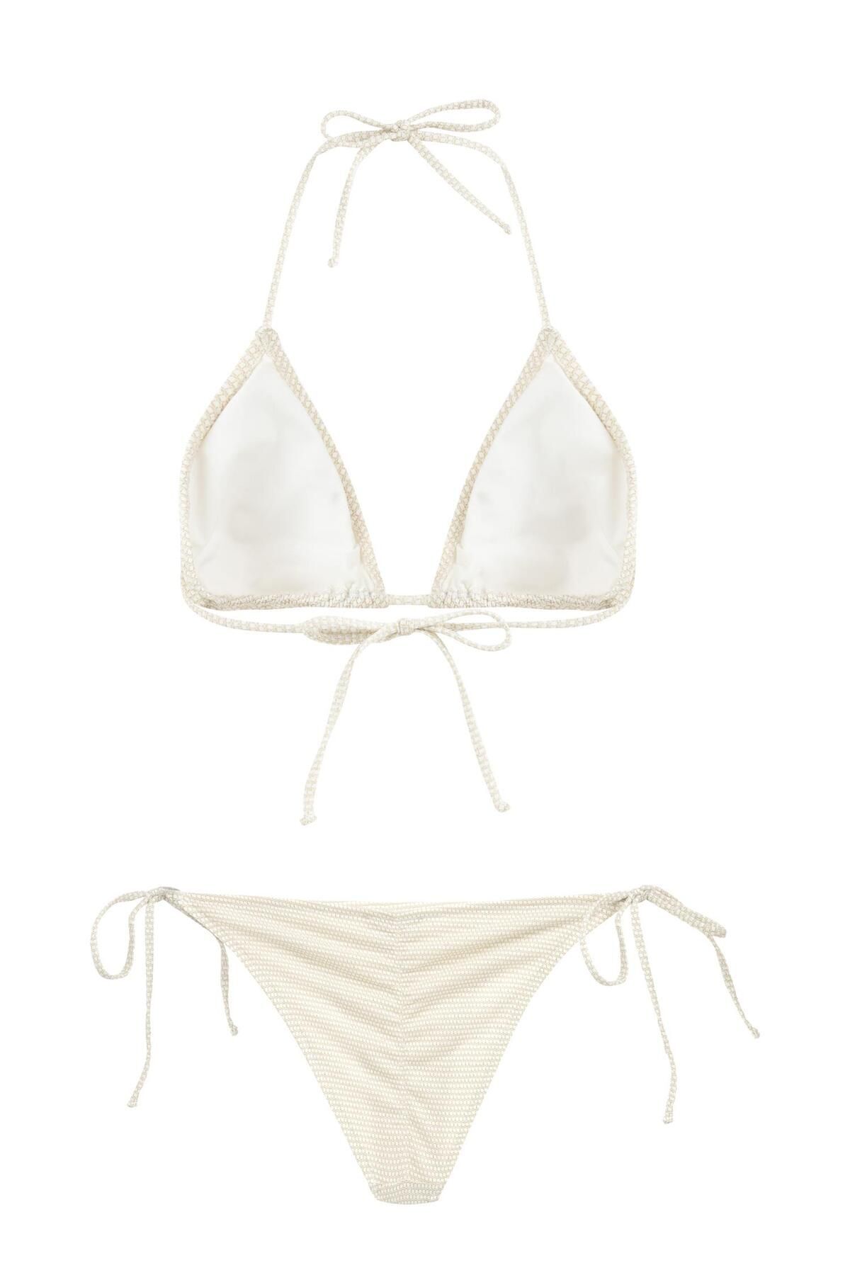 AQUELLA-Ecru Triangle Bikini Set - Textured and Glittery Drawstring 2