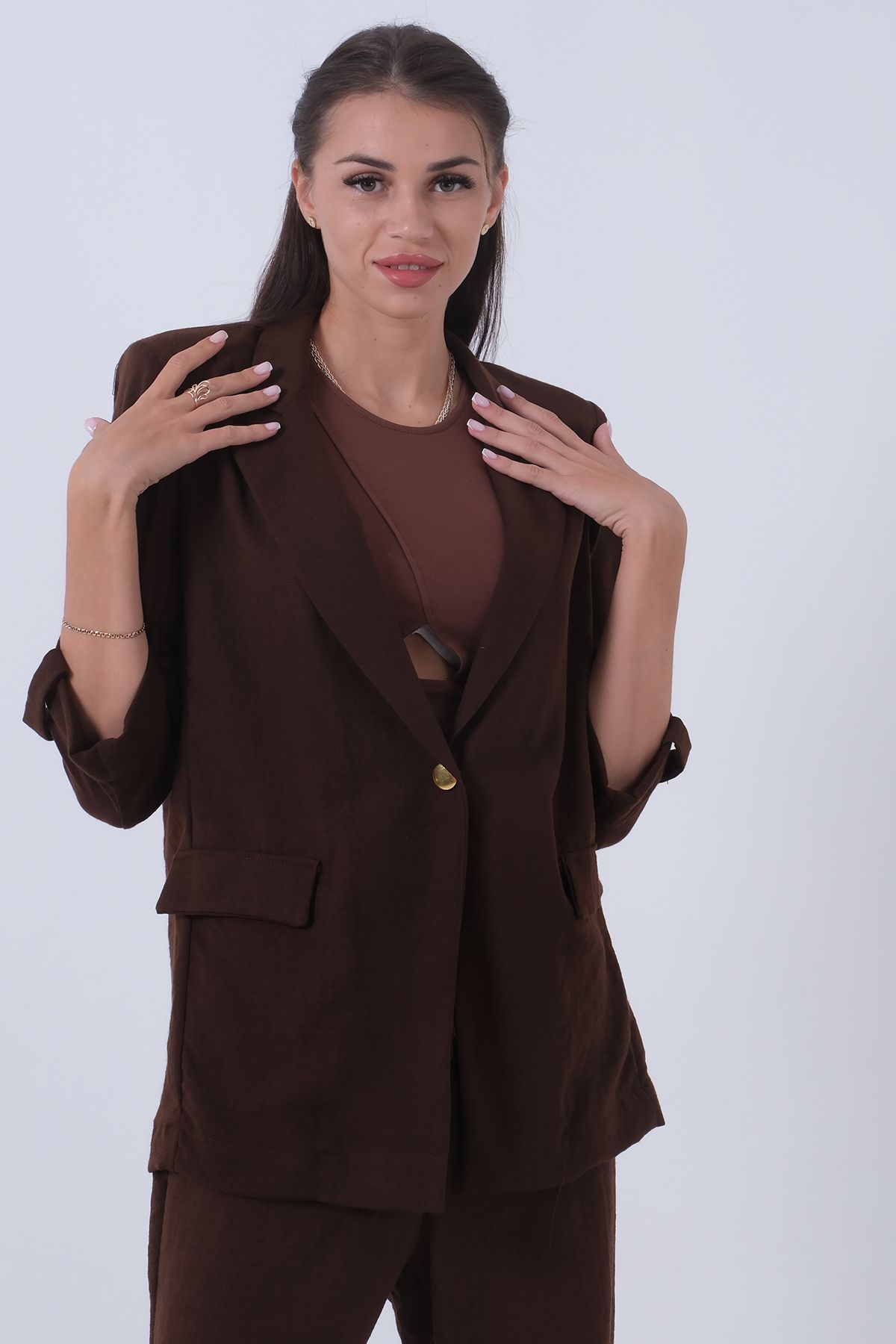 Feminist-Jachetă de in maro - Detaliată cu nasturi, mâneci înclinate01051361 1