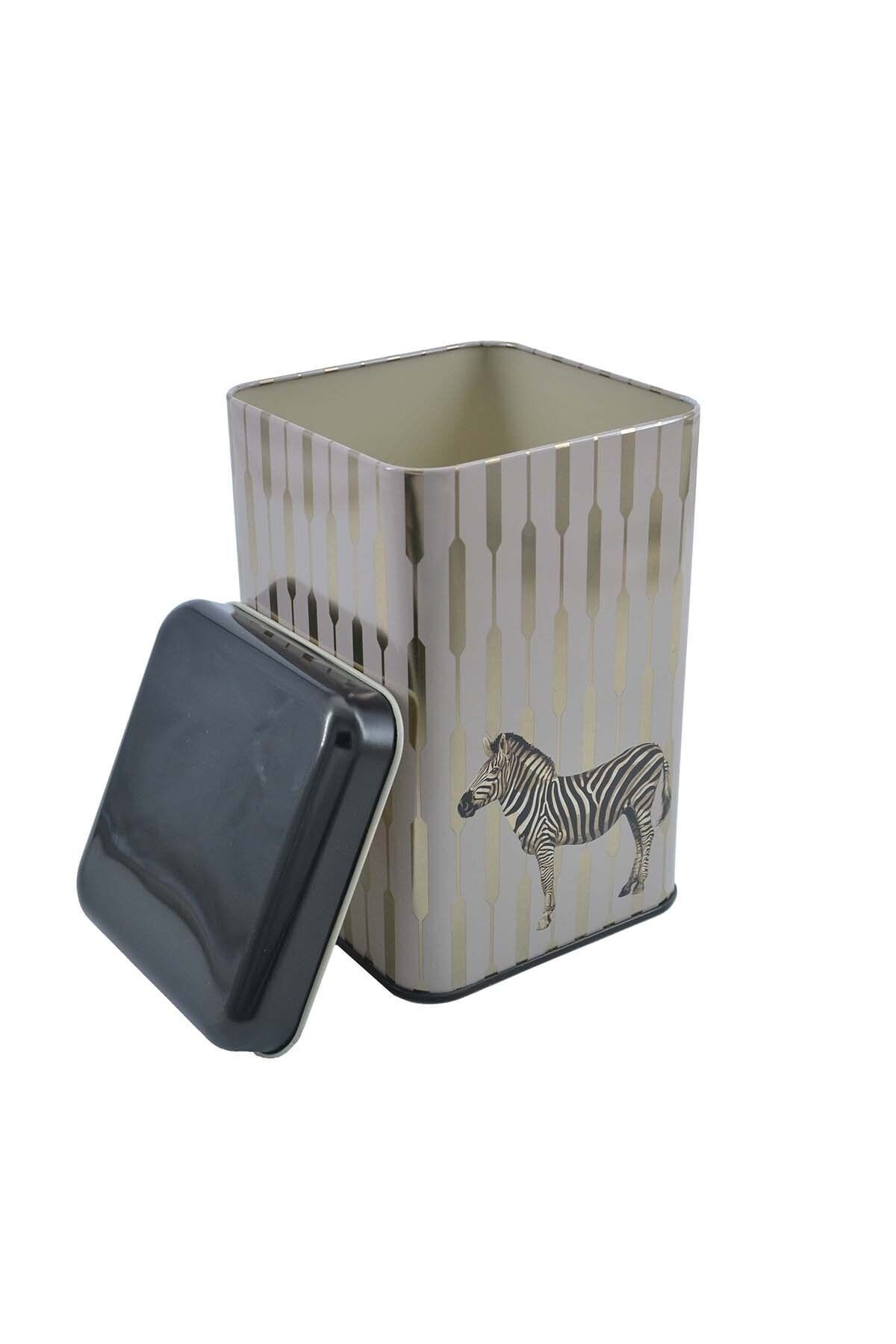 EVLE-Ef022-f5 Safari Zebra Patterned Square Metal Storage Container 11x11 Cm 5