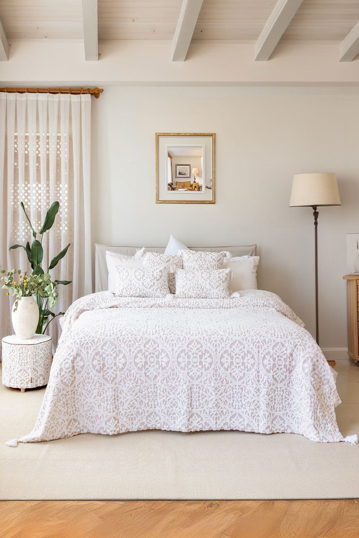 HAMUR-Beige Bohemian Punch Ponch Patterned Double Bedspread Set 3
