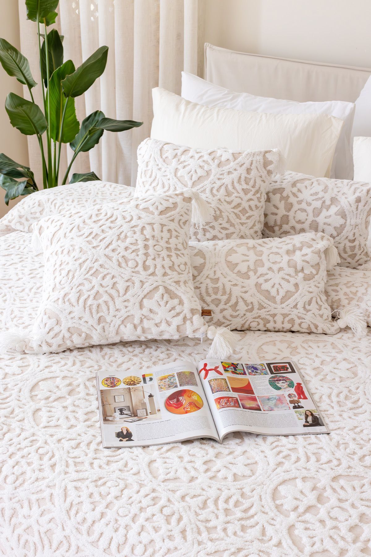HAMUR-Beige Bohemian Punch Ponch Patterned Double Bedspread Set 5