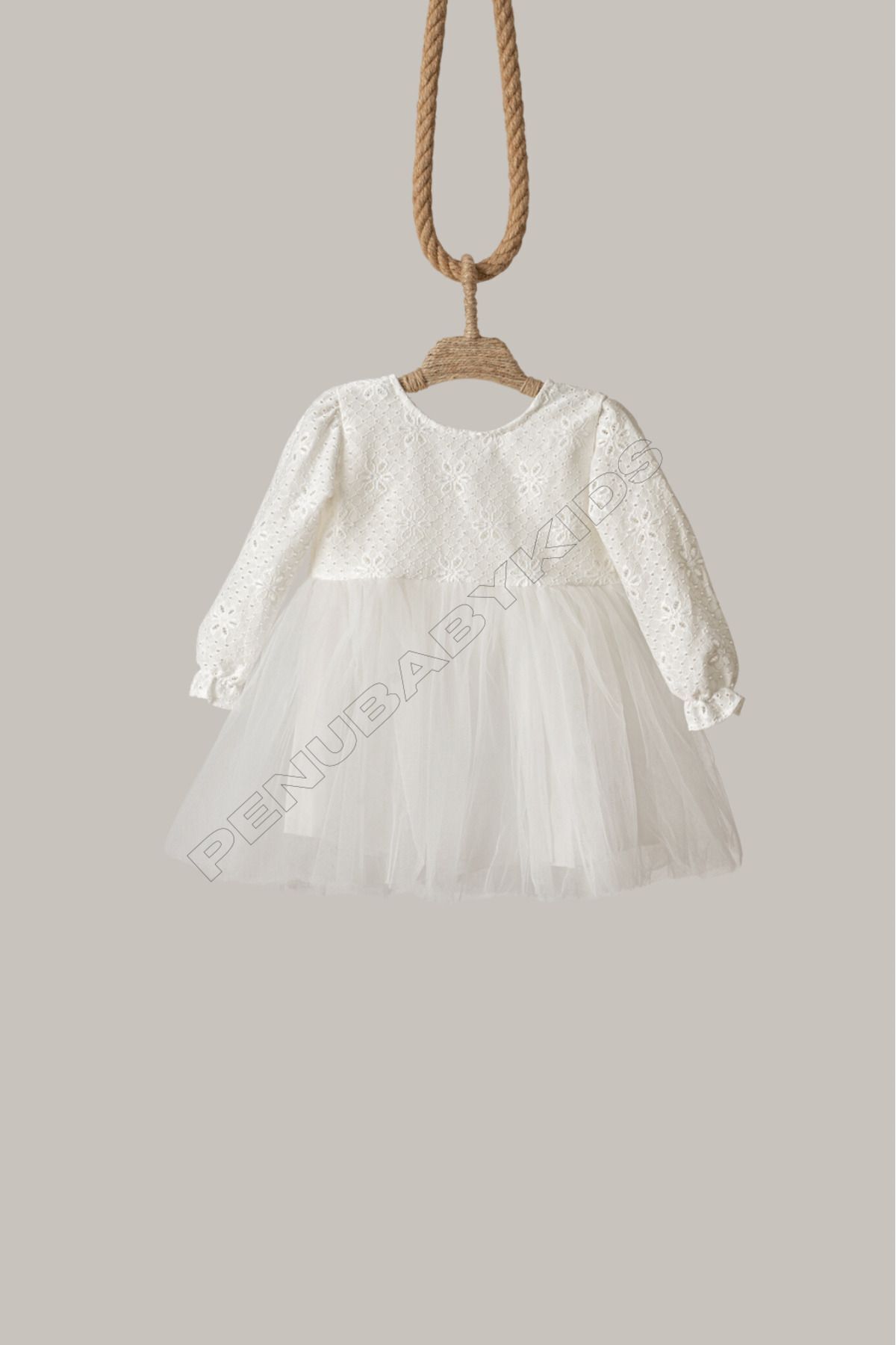 penu baby kids Beyaz Fistolu Tütü Etekli Uzun Kol Kız Bebek Elbise - Tuana fotoğrafı 6 (önizleme)