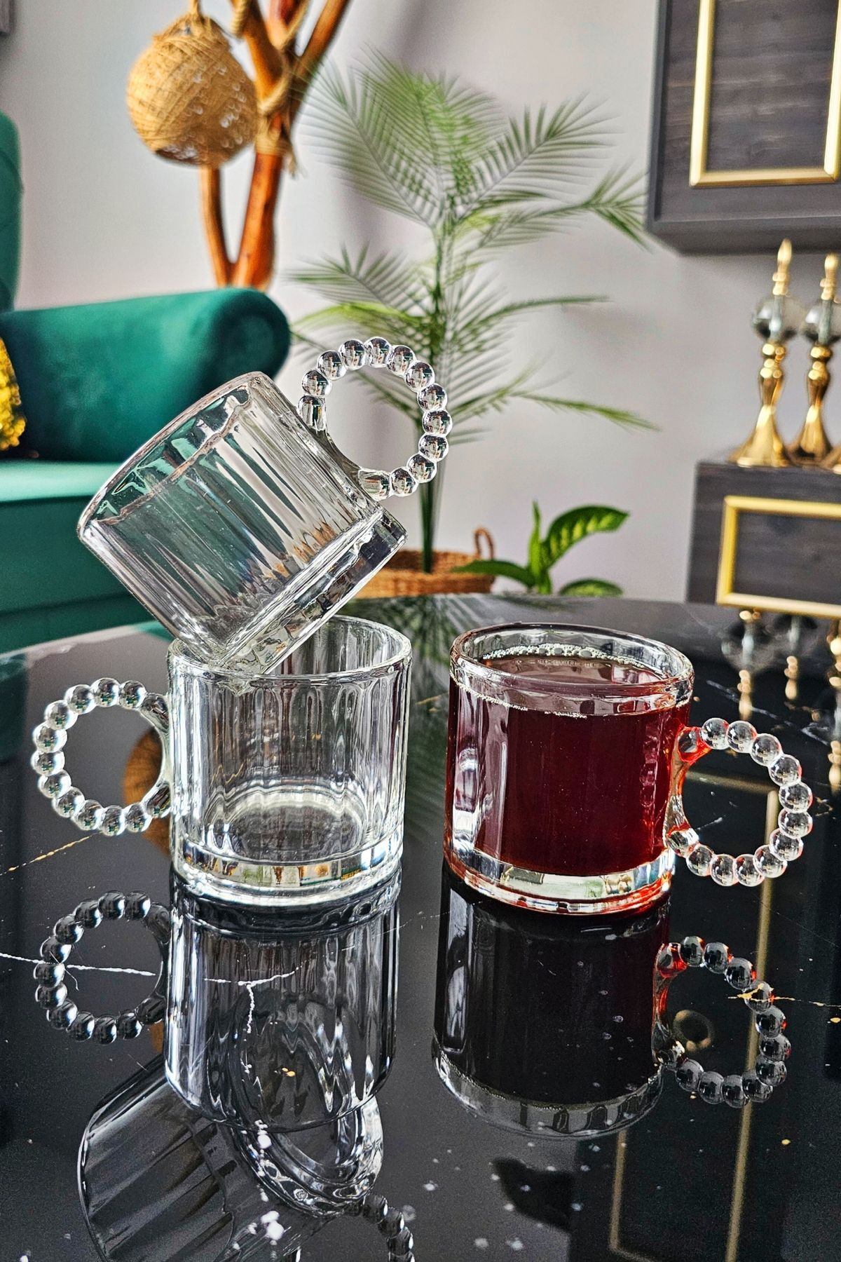 3 Lü Boncuklu Kulplu Cam Kupa 300 ml | Kulplu Çay Bardağı | Boncuk Cam Kupa Meşrubat Bardağı