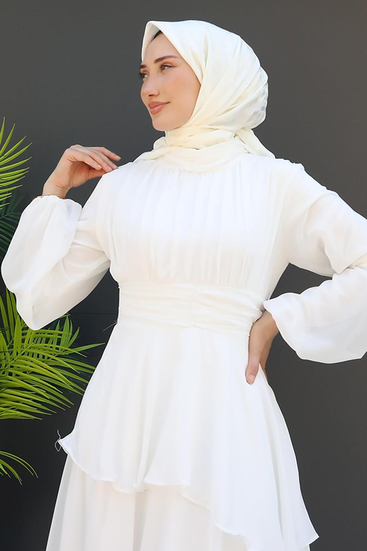 GİZ AGİYİM-فستان أبيض - تفاصيل الخصر 5